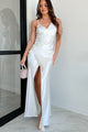 Signature Elegance Asymmetric Rhinestone Maxi Dress (Off White) - NanaMacs