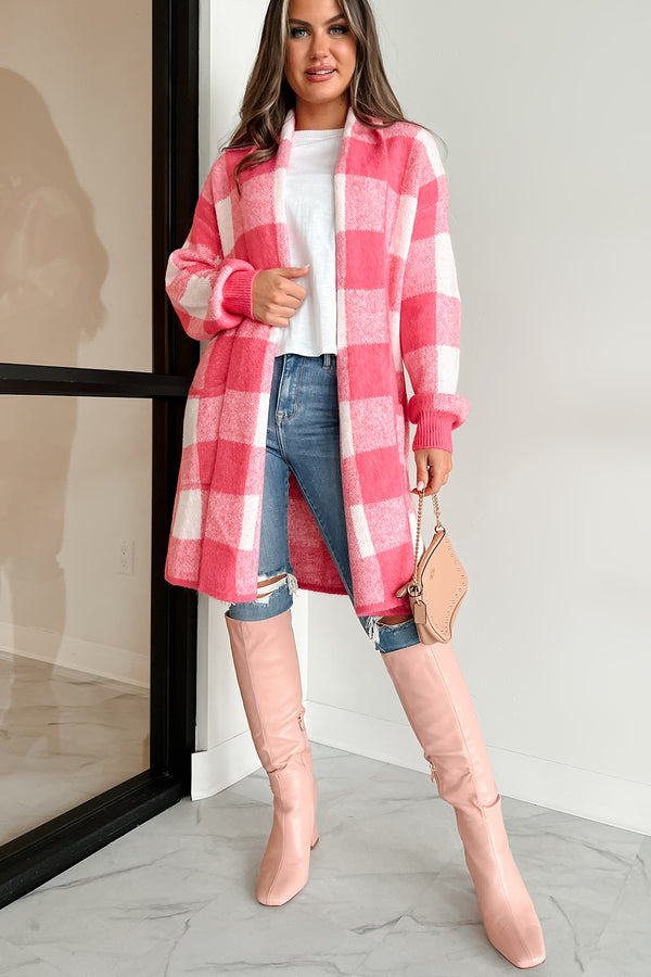 Feels Like Home Open Front Plaid Cardigan (Pink) - NanaMacs