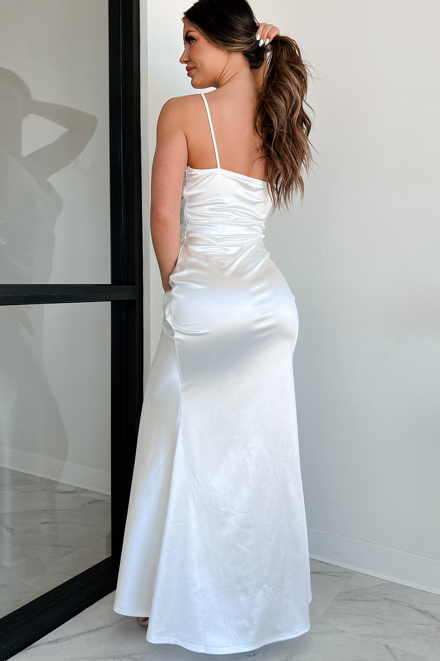Signature Elegance Asymmetric Rhinestone Maxi Dress (Off White) - NanaMacs
