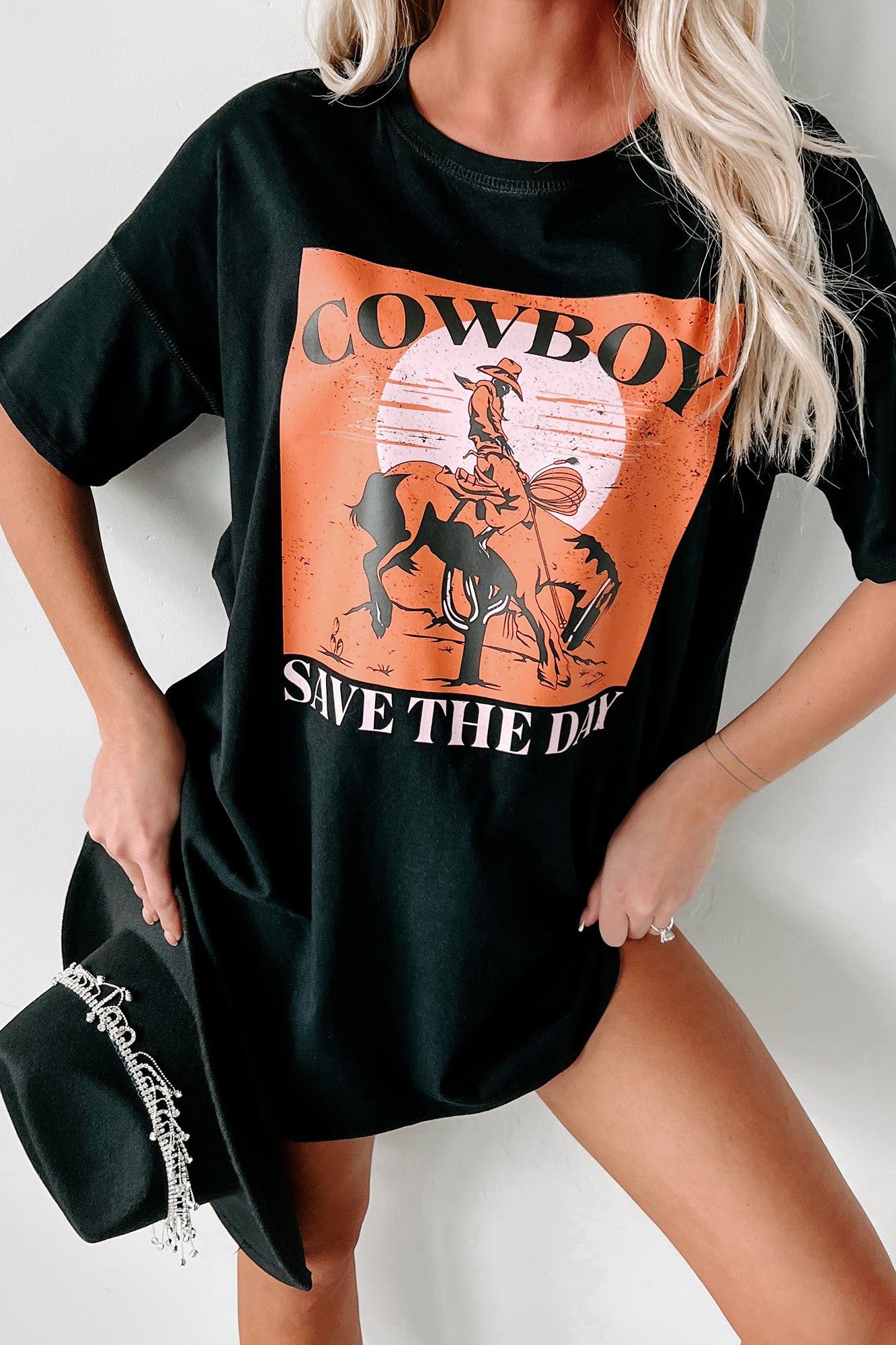 "Cowboy Save The Day" Oversized Graphic T-Shirt Dress (Black) - Print On Demand - NanaMacs