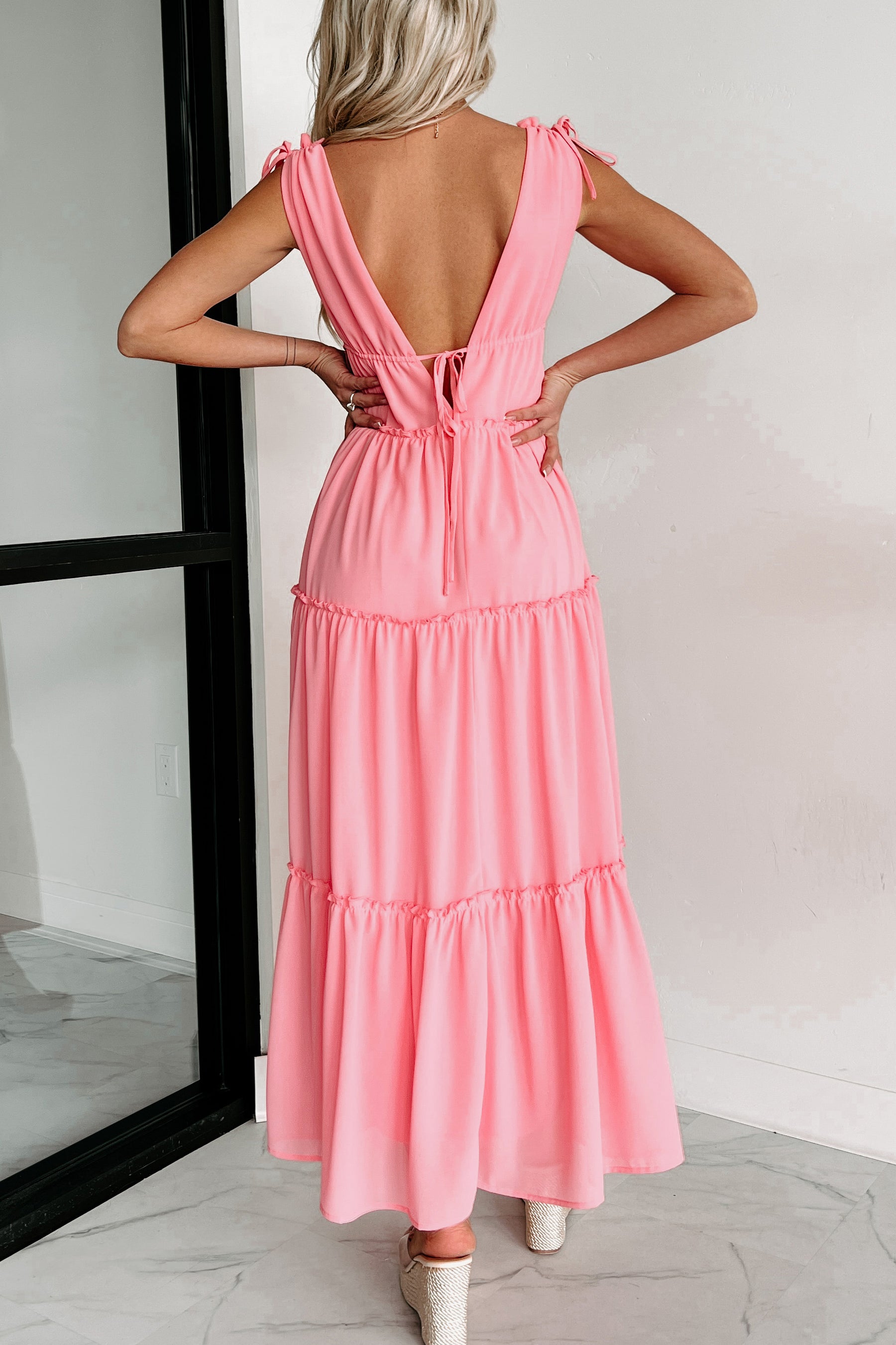 Wonder & Whimsy Tiered V-Neck Maxi Dress (Coral Pink) - NanaMacs
