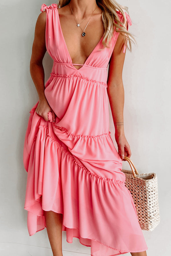 Wonder & Whimsy Tiered V-Neck Maxi Dress (Coral Pink) - NanaMacs
