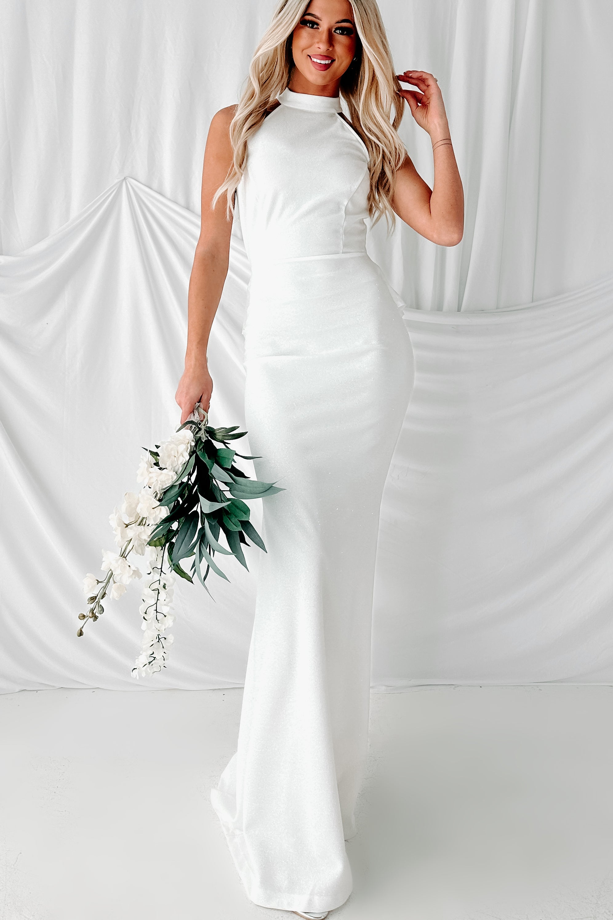 Captivating Elegance Glitter Halter Evening Gown (White) - NanaMacs