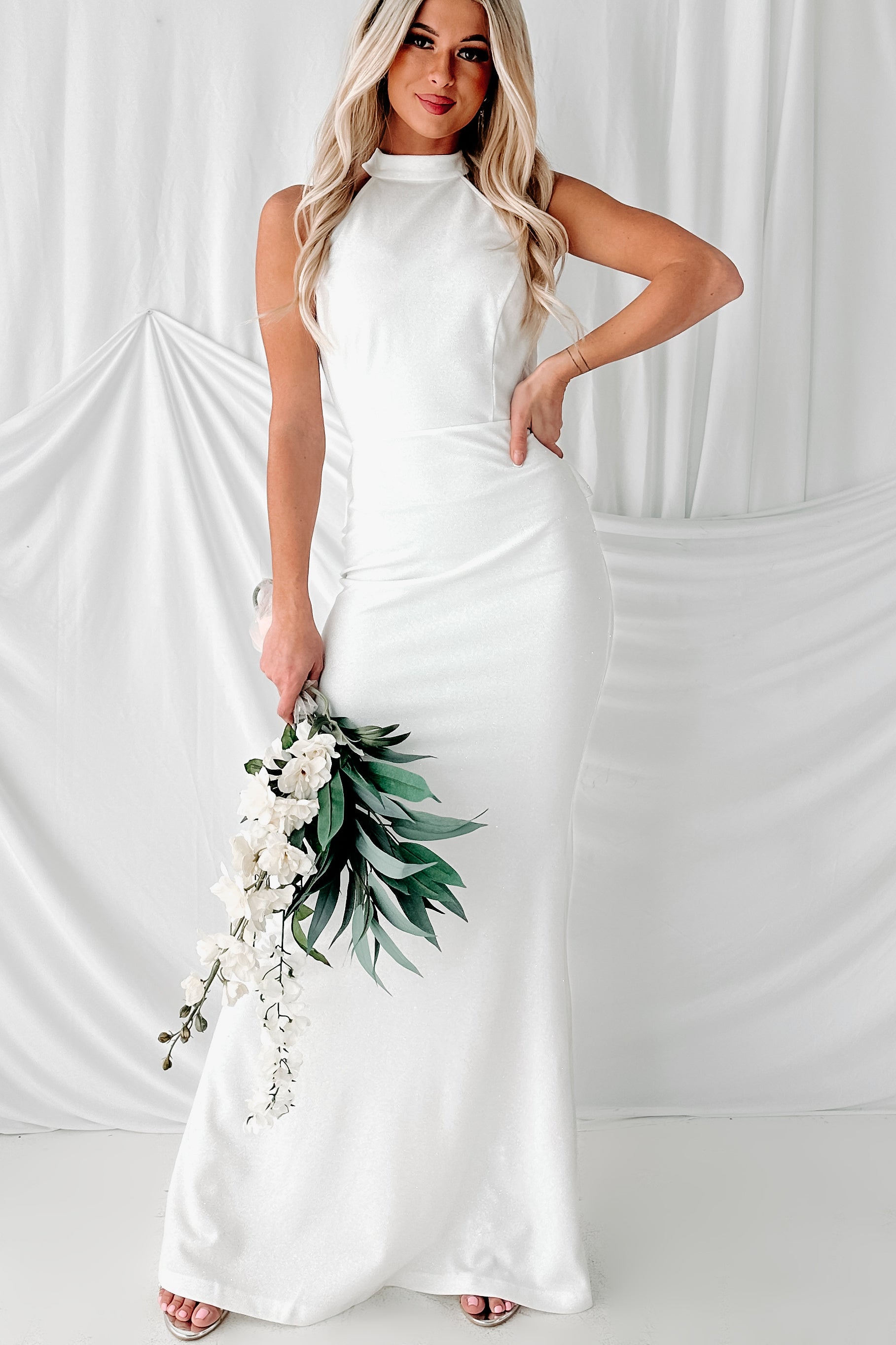 Captivating Elegance Glitter Halter Evening Gown (White) - NanaMacs