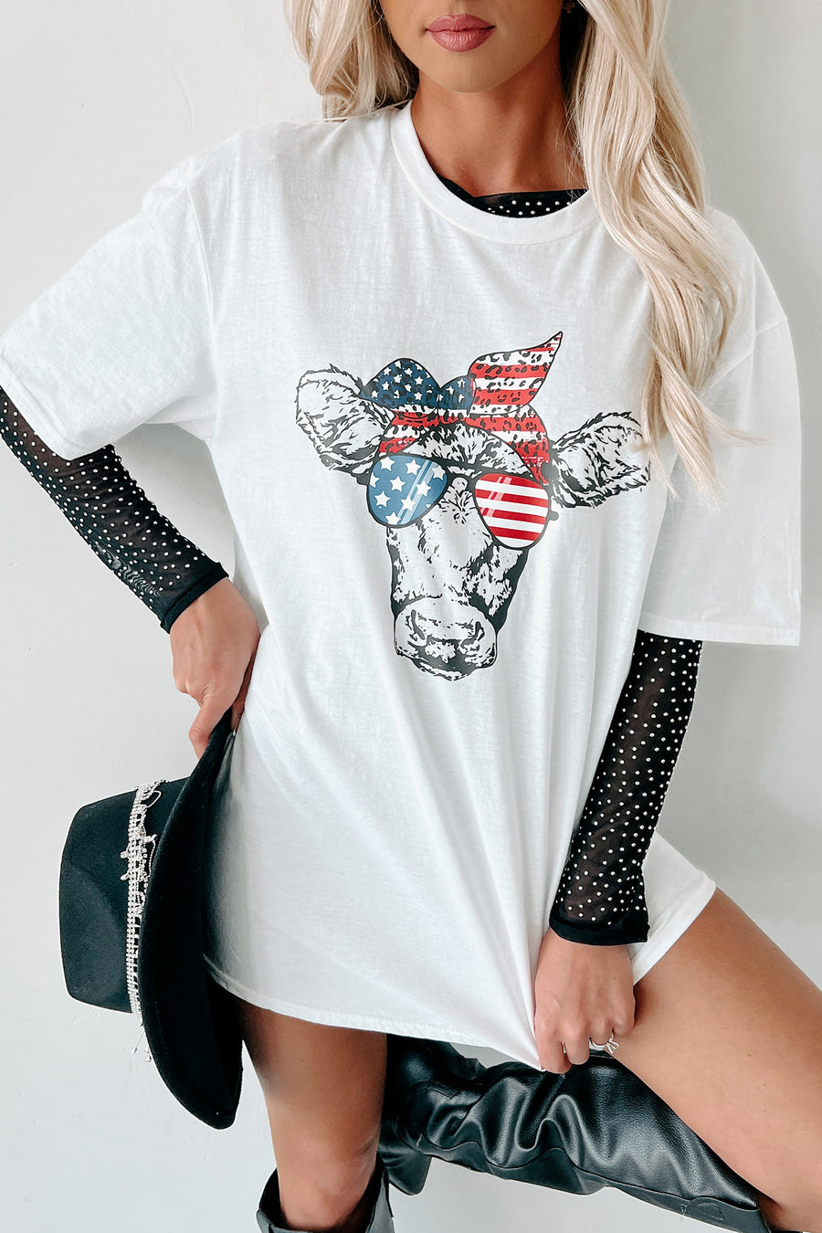 "A-Moo-Rica" Cow Graphic T-Shirt (White) - Print On Demand - NanaMacs