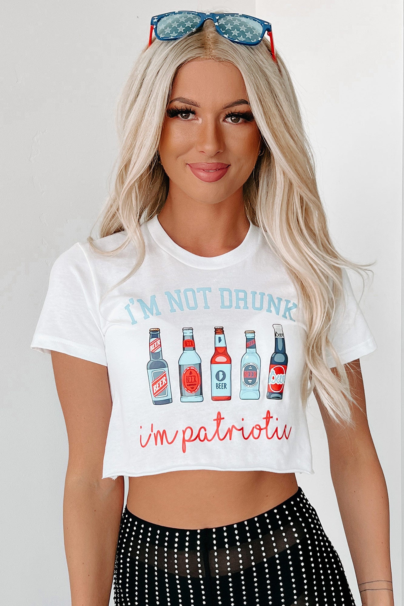 "I'm Not Drunk, I'm Patriotic" Raw Hem Graphic Crop Tee (White) - Print On Demand - NanaMacs