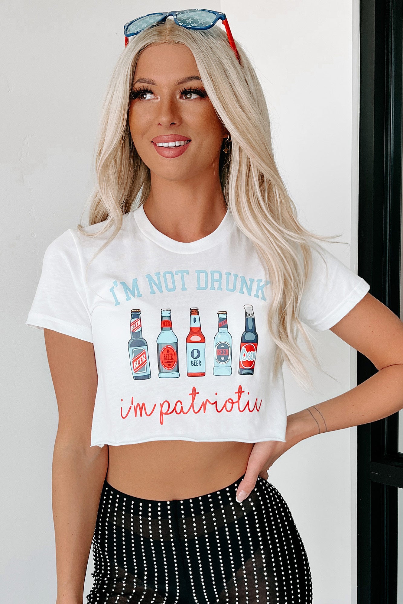 "I'm Not Drunk, I'm Patriotic" Raw Hem Graphic Crop Tee (White) - Print On Demand - NanaMacs