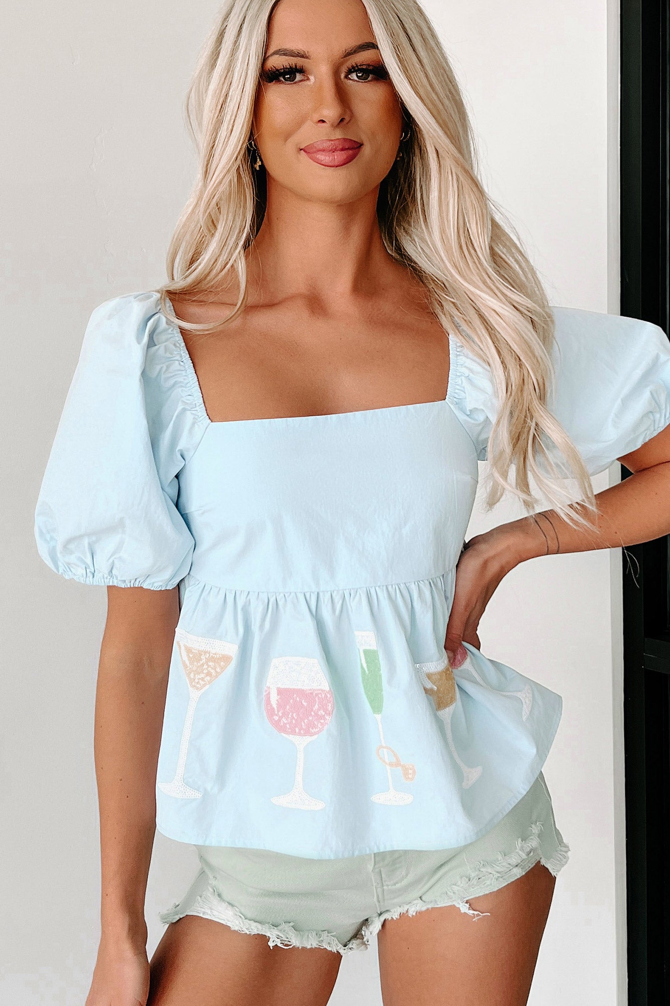 Cheers To That Glitter Embroidered Top (Blue) - NanaMacs