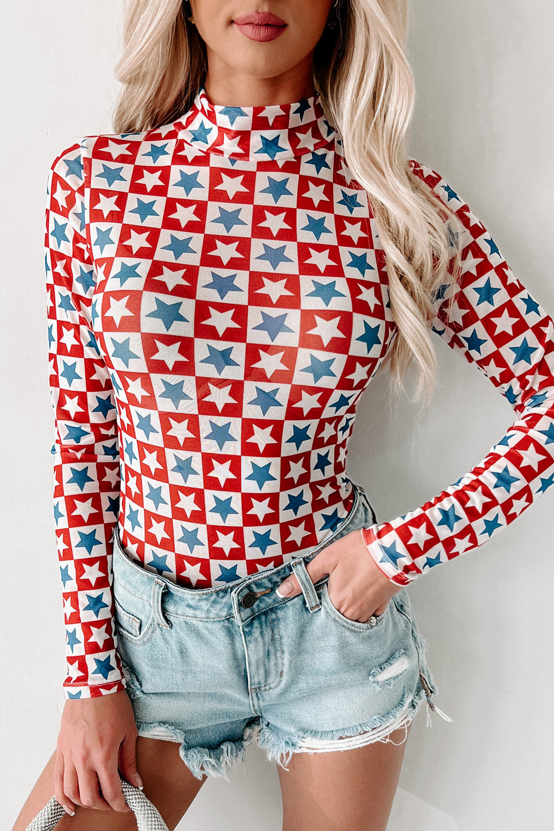 Land Of Liberty Star Printed Mesh Bodysuit (Red/White/Blue) - NanaMacs