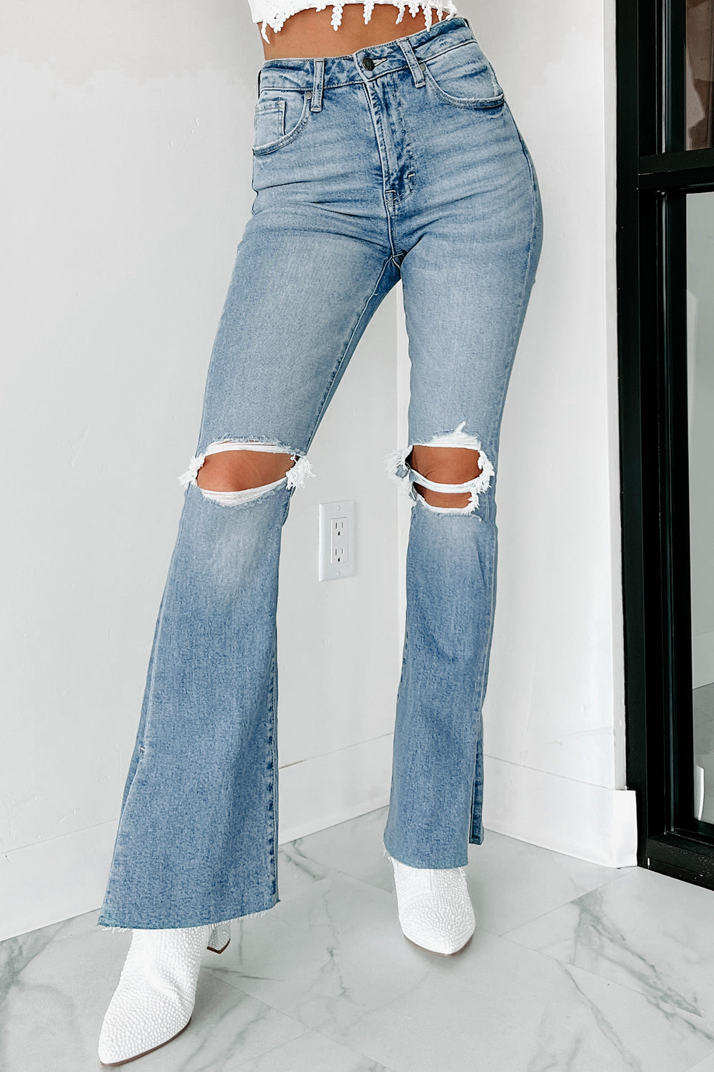 Ophelia High Rise Distressed Kick Flare Jeans (Medium Denim) - NanaMacs