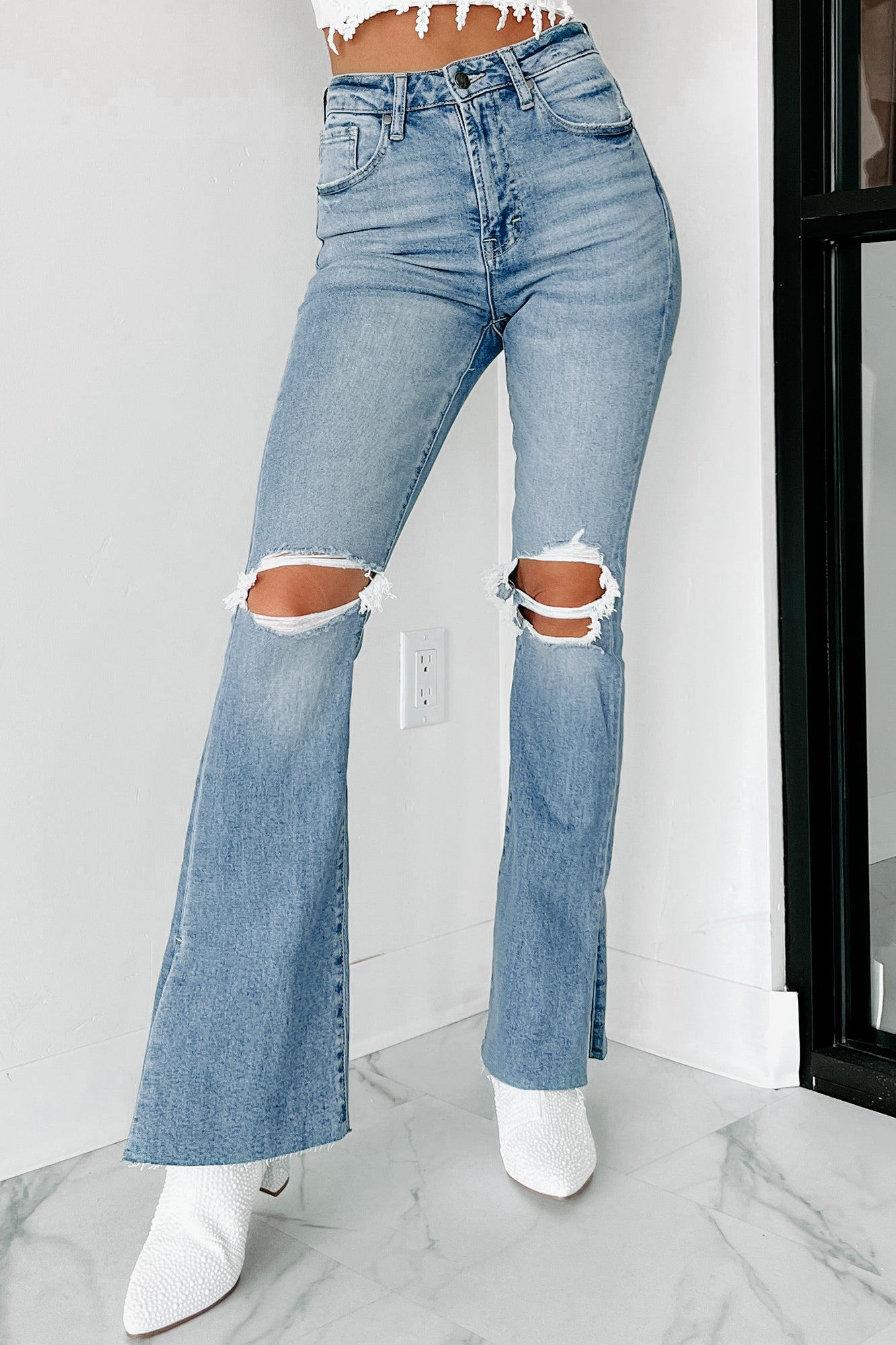 Ophelia High Rise Distressed Kick Flare Jeans (Medium Denim