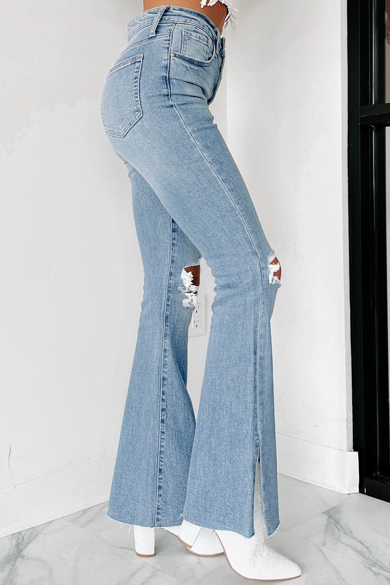Ophelia High Rise Distressed Kick Flare Jeans (Medium Denim) - NanaMacs