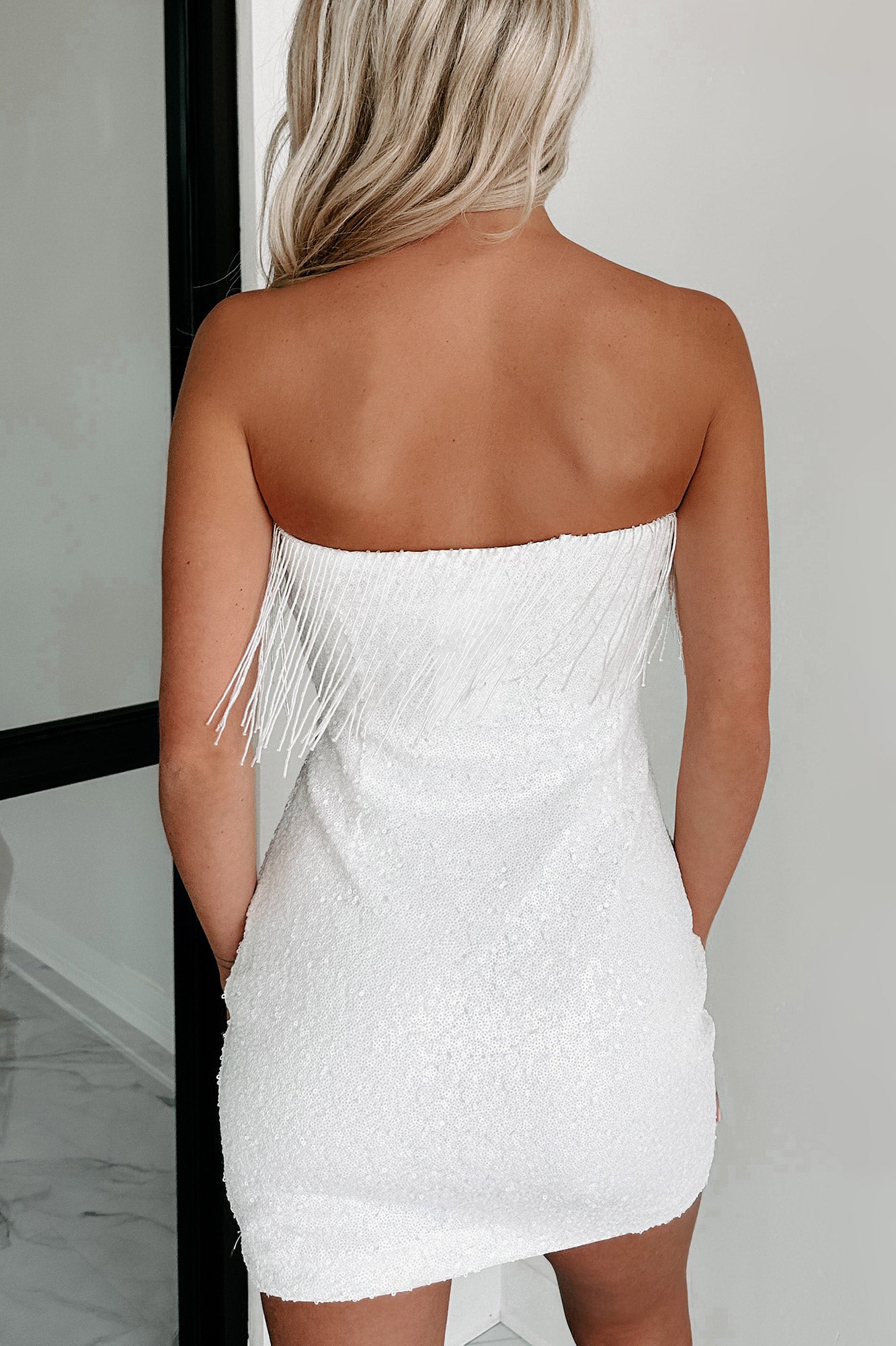 Extraordinary Measures Beaded Fringe Sequin Dress (White) - NanaMacs