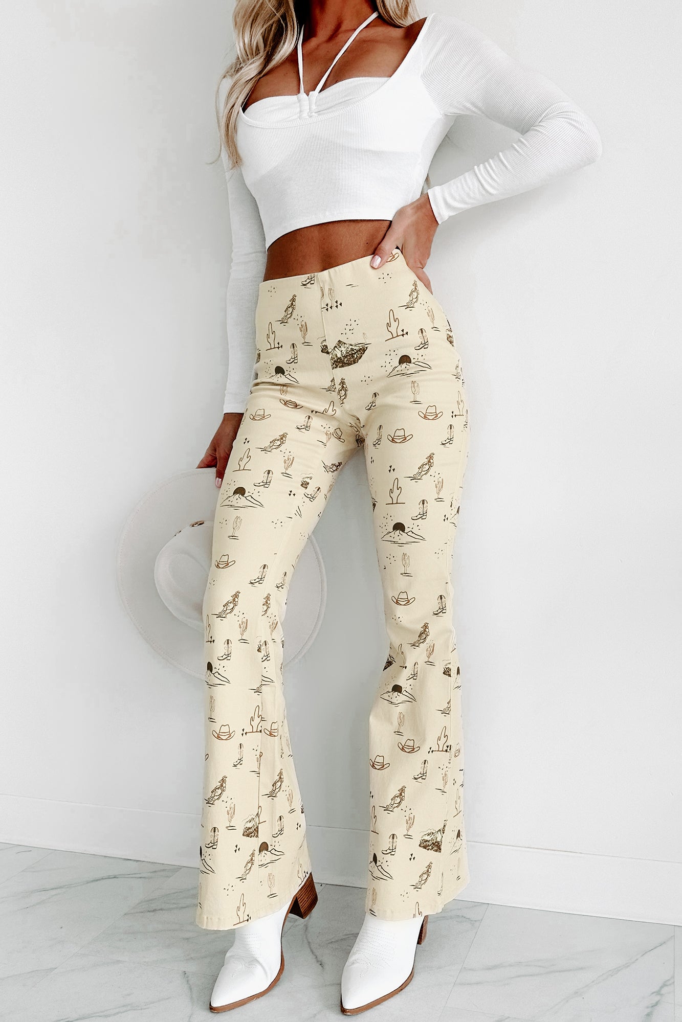 Cowgirl Courage Western Print Twill Flare Pants (Beige) · NanaMacs
