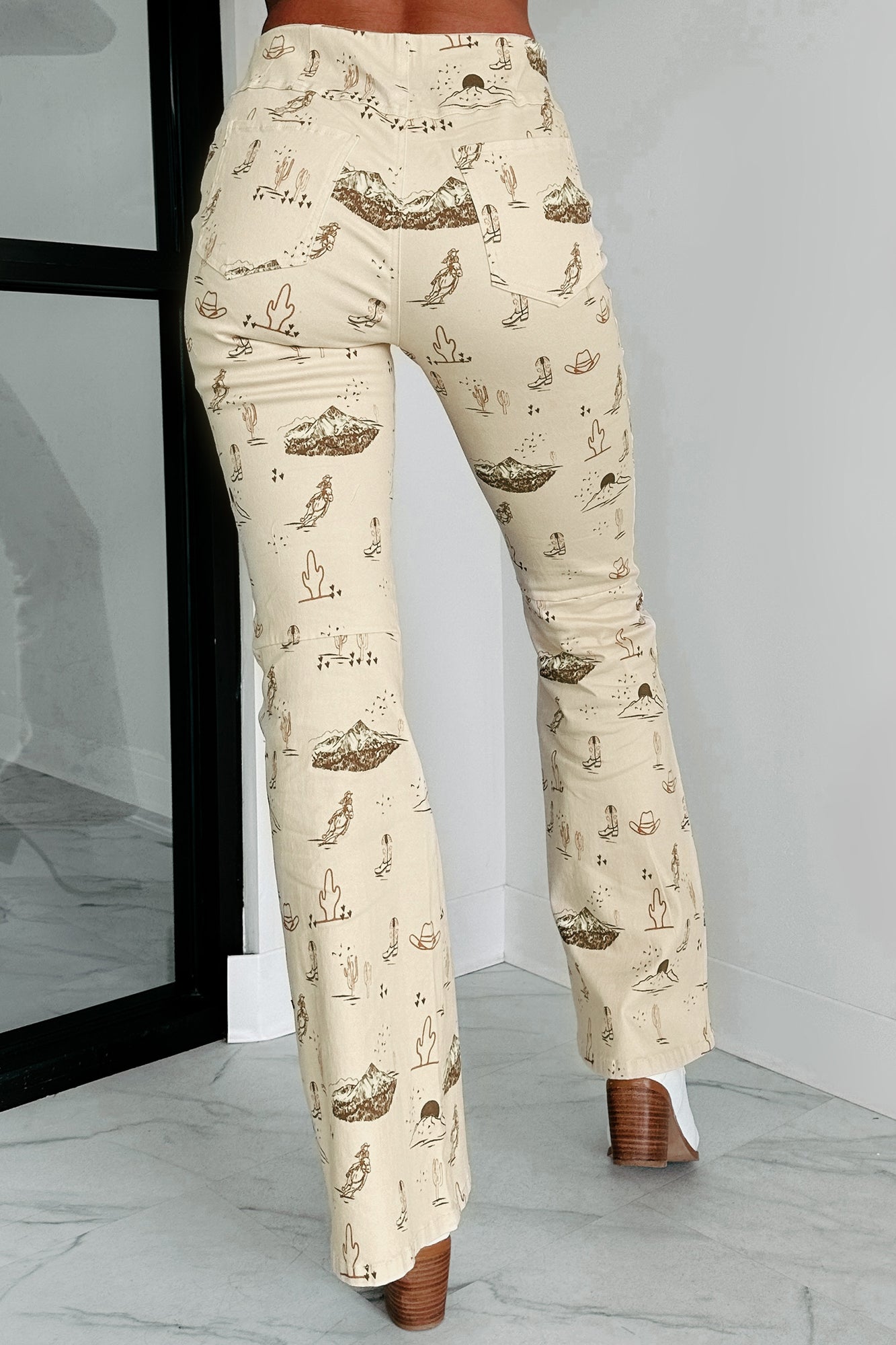 Cowgirl Courage Western Print Twill Flare Pants (Beige)