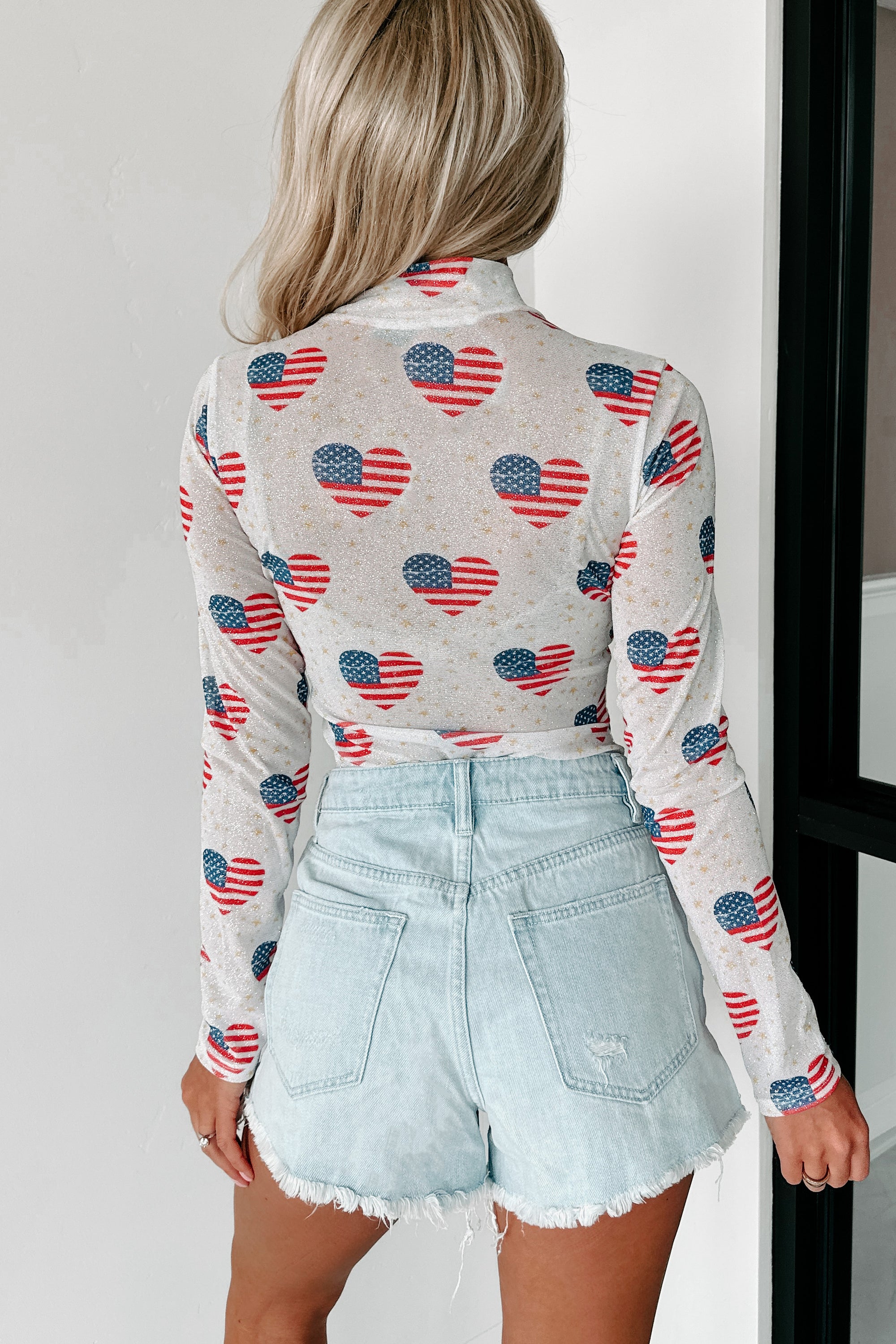 USA All The Way Americana Glitter Mesh Bodysuit (Red/White) - NanaMacs