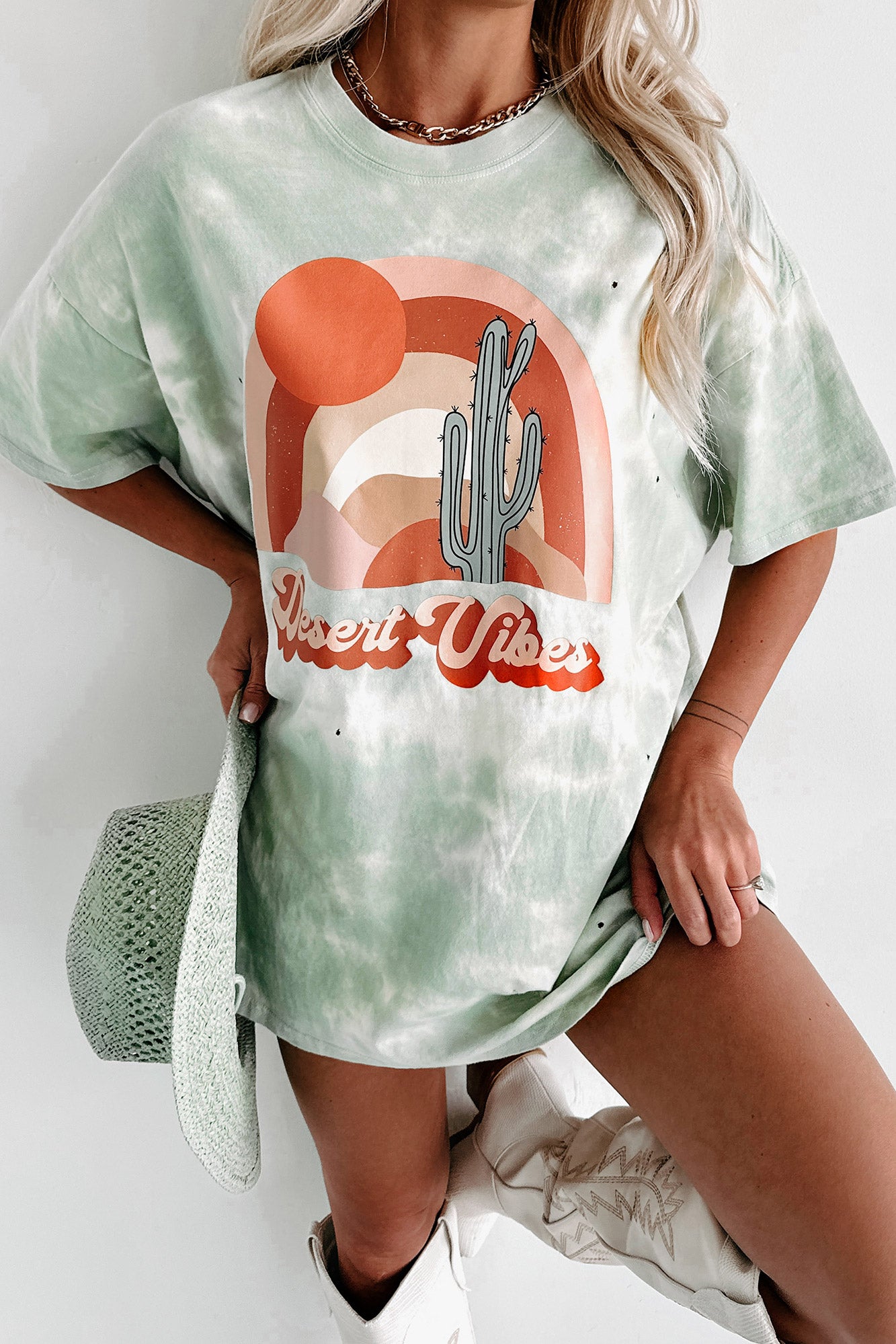 "Desert Dusk" Oversized Distressed Tie-Dye Graphic T-Shirt (Pastel Green) - Print On Demand - NanaMacs