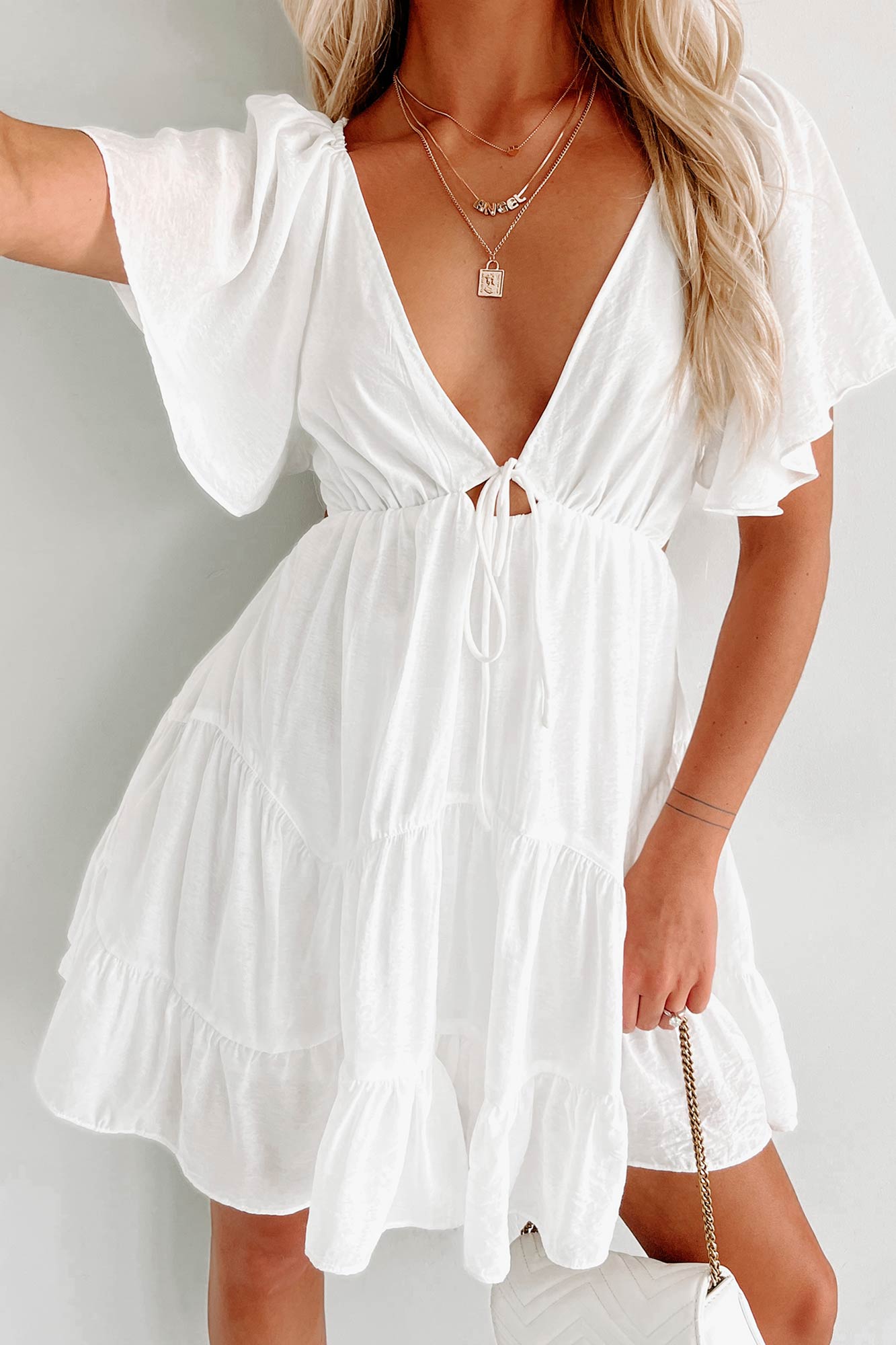 Twist & Shake Tiered Fringe Mini Dress (White) · NanaMacs