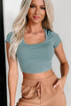 Gym Dates Short Sleeve Scoop Neck Crop Top (Slate Green) - NanaMacs