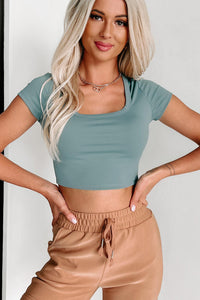 Gym Dates Short Sleeve Scoop Neck Crop Top (Slate Green) - NanaMacs