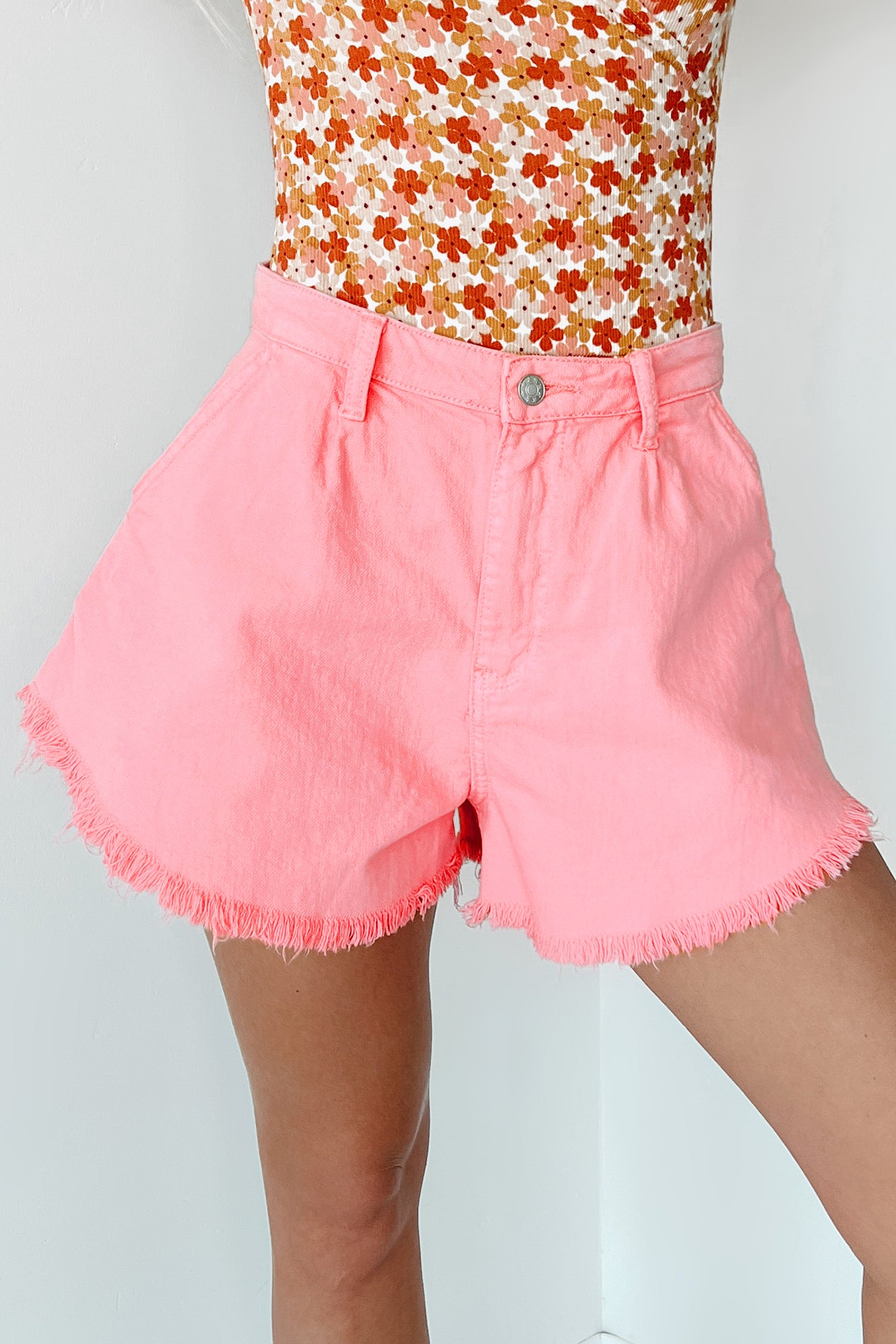 Becky High Waist Frayed Hem Denim Shorts (Pink) - NanaMacs