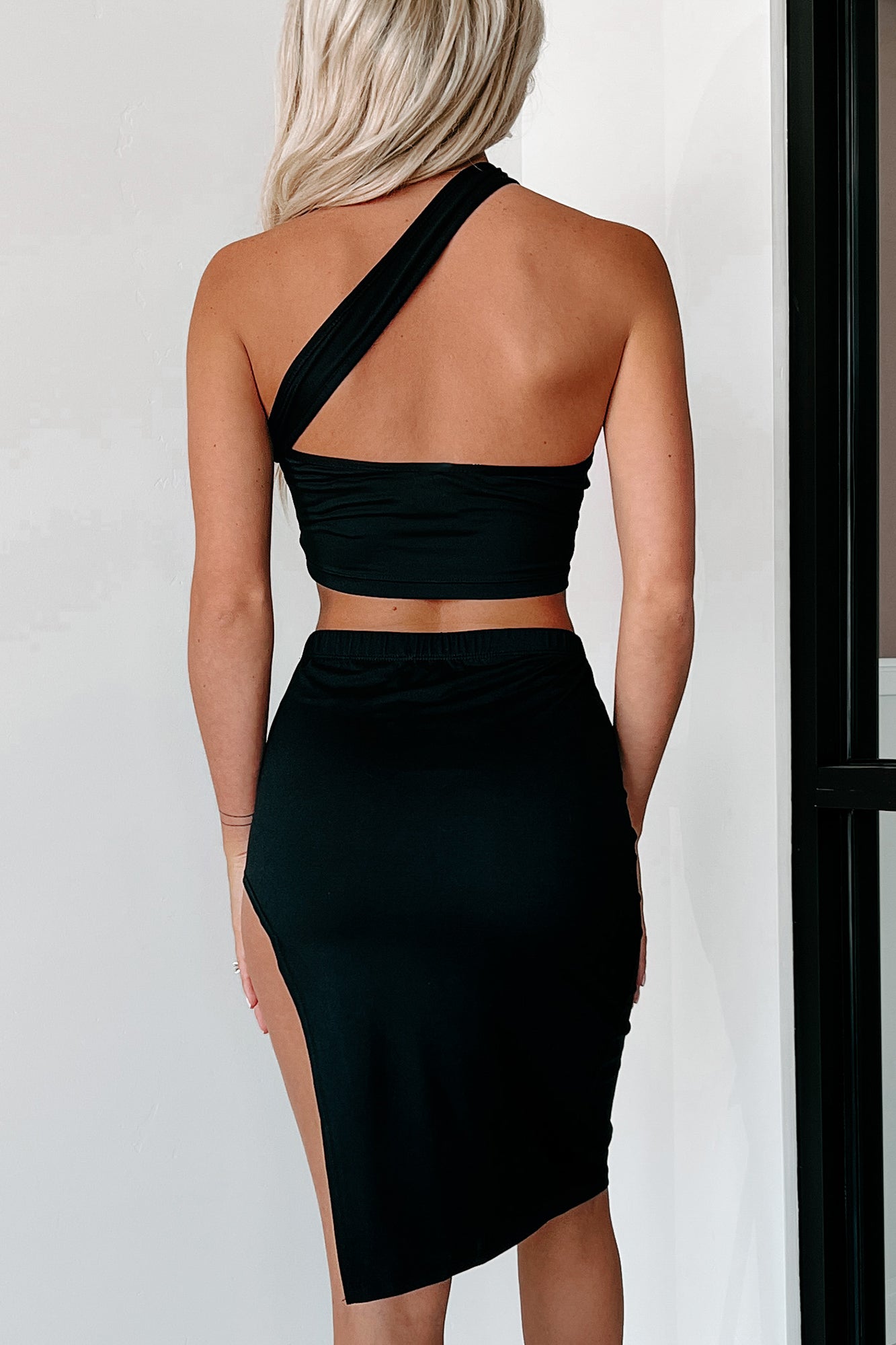 Immaculate Vibes Asymmetric Crop Top & Skirt Two-Piece Set (Black) - NanaMacs