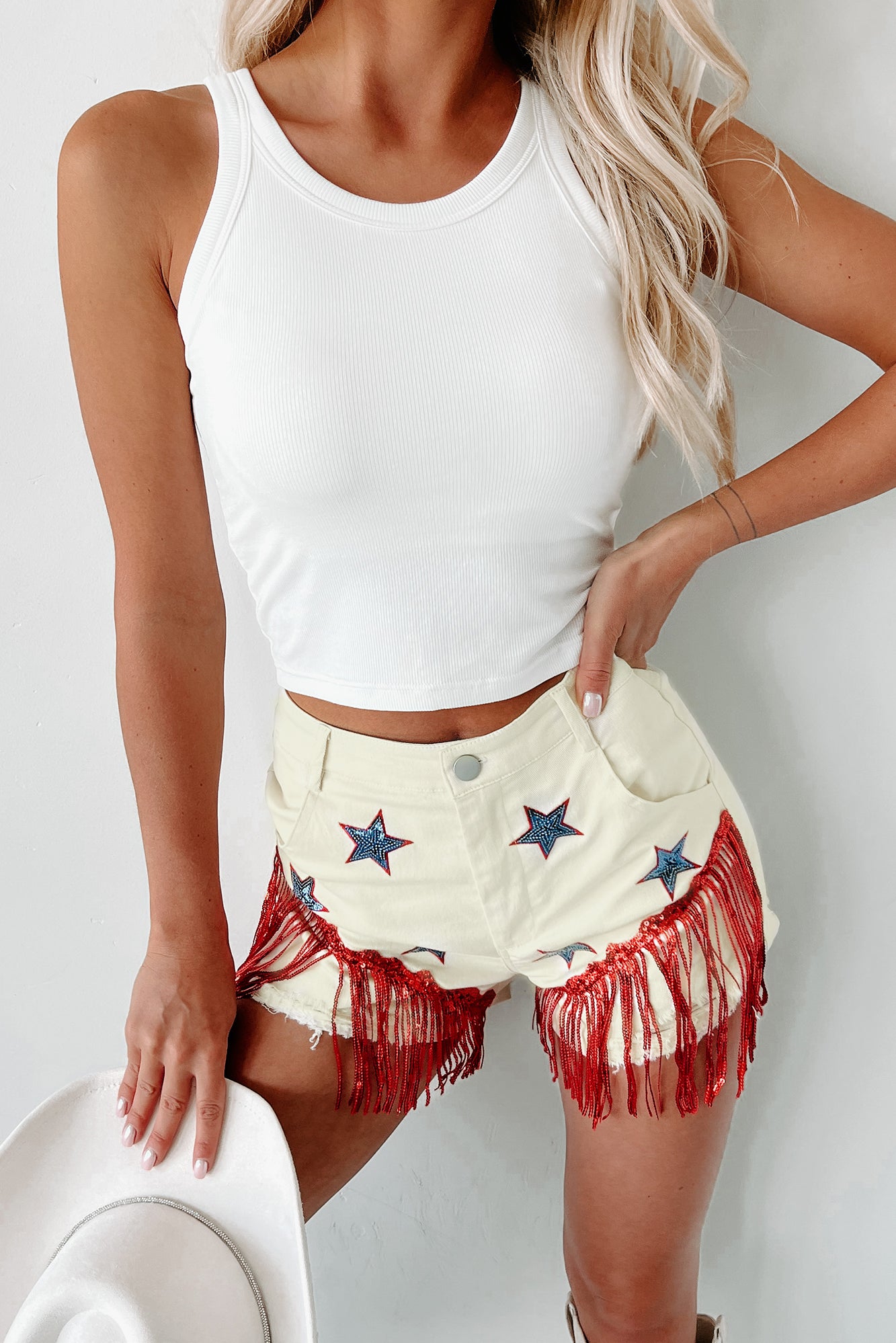 Little Firecracker Sequin Star Patch & Fringed Shorts (Cream) - NanaMacs