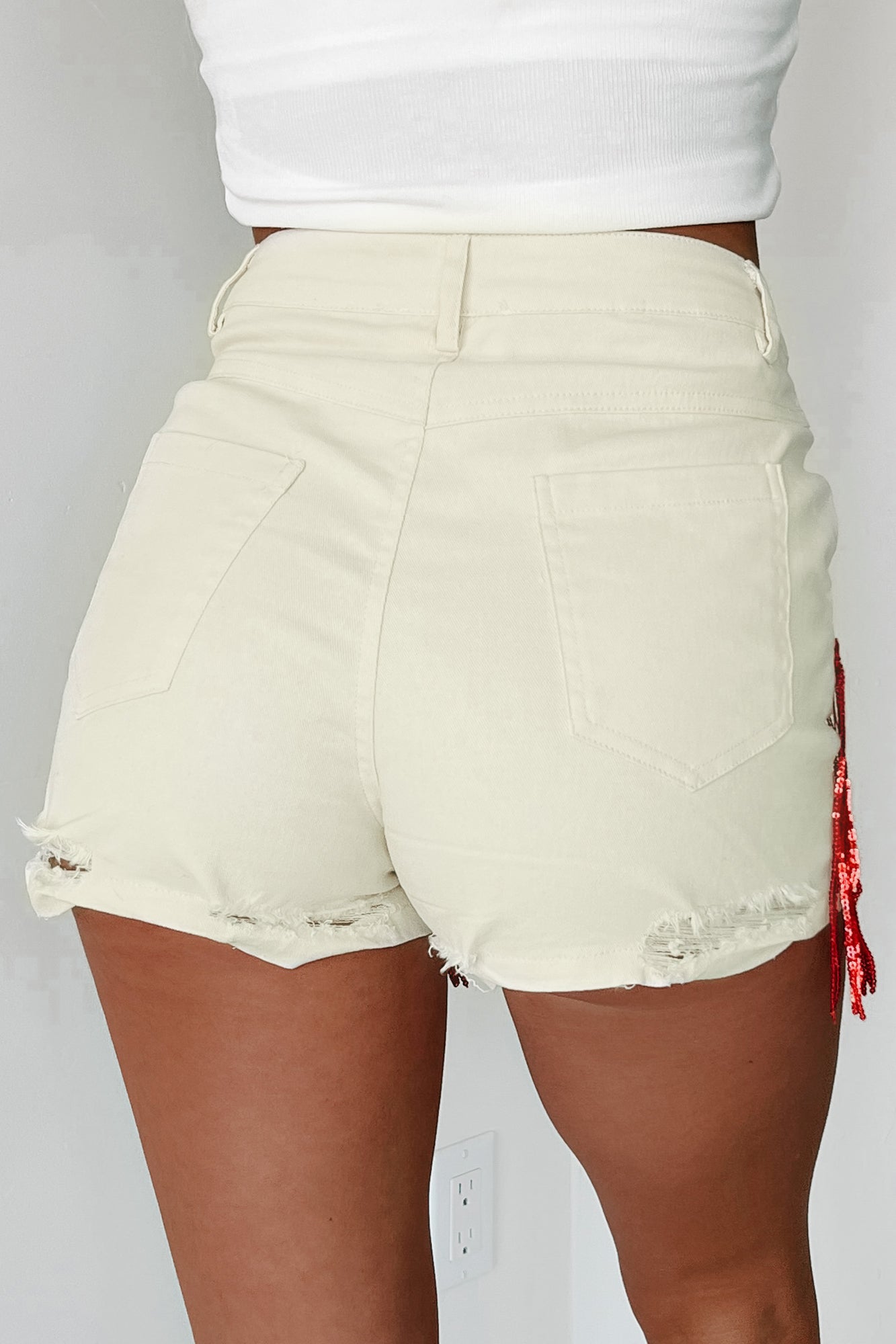 Little Firecracker Sequin Star Patch & Fringed Shorts (Cream) - NanaMacs