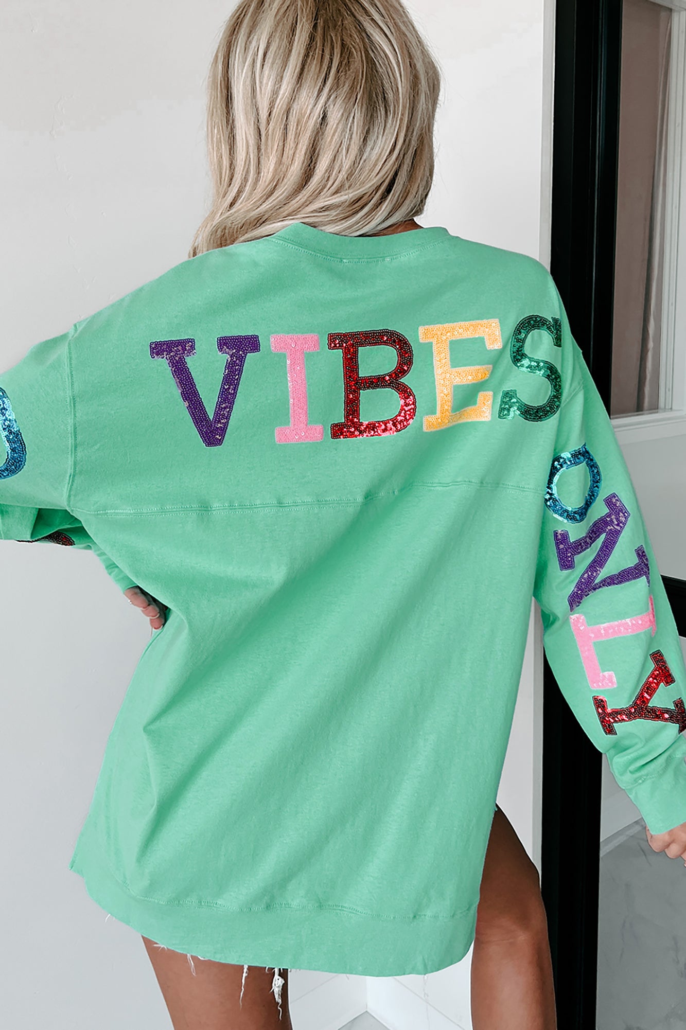 "Good Vibes Only" Oversized Long Sleeve Sequin Graphic Top (Mint) - NanaMacs