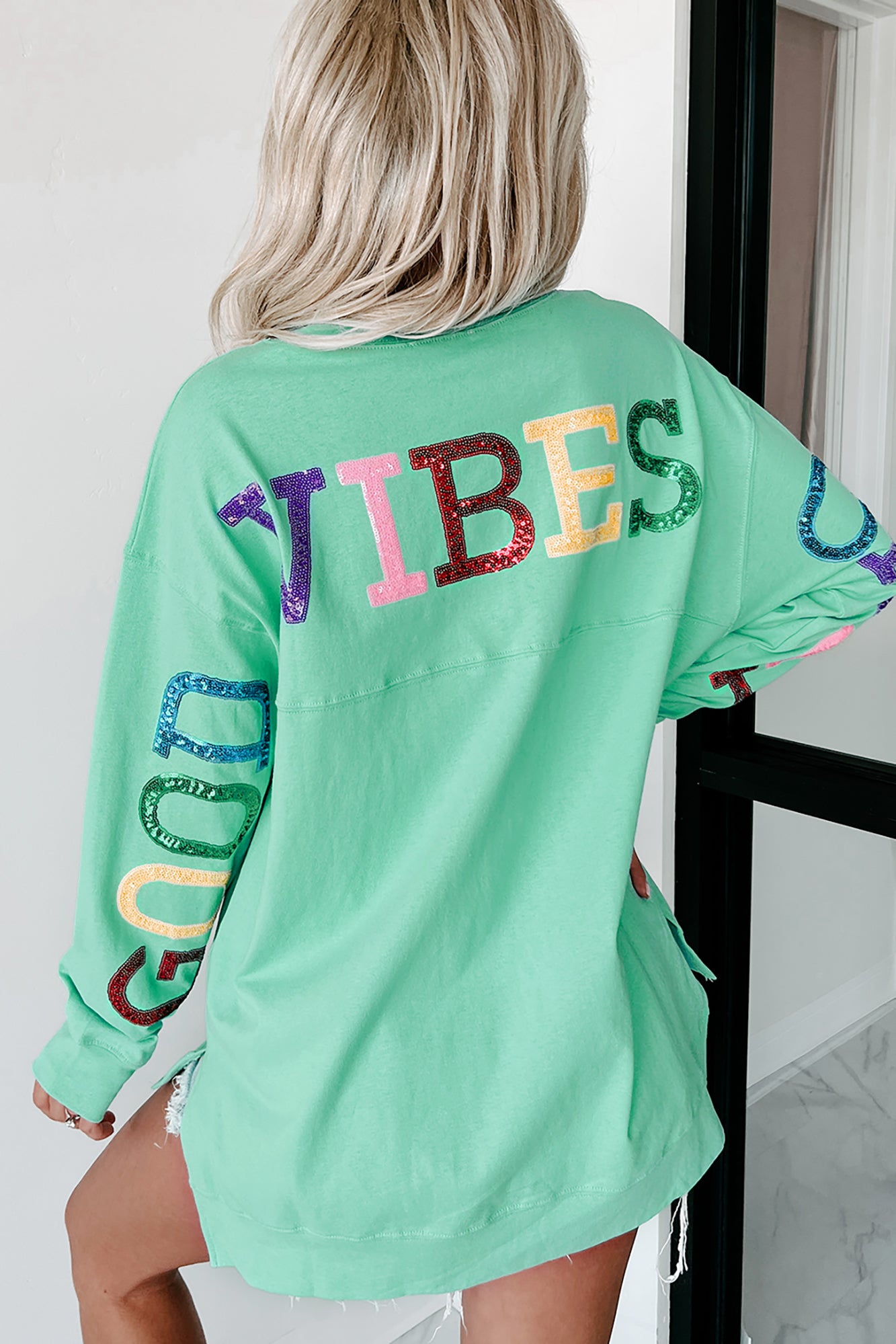 "Good Vibes Only" Oversized Long Sleeve Sequin Graphic Top (Mint) - NanaMacs