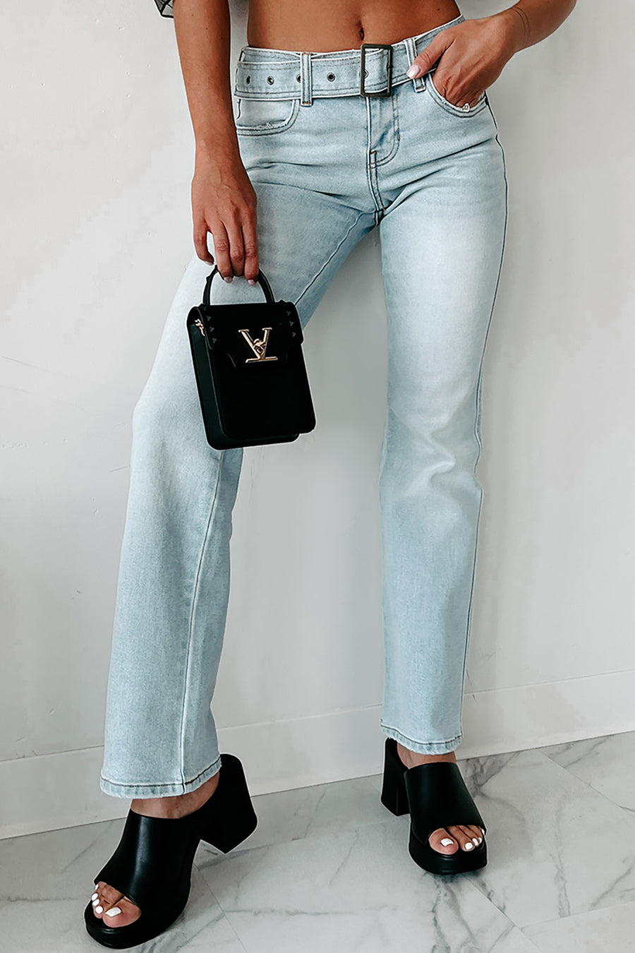 Matching Vibes Belted Low Rise Cello Flare Jeans (Light) - NanaMacs