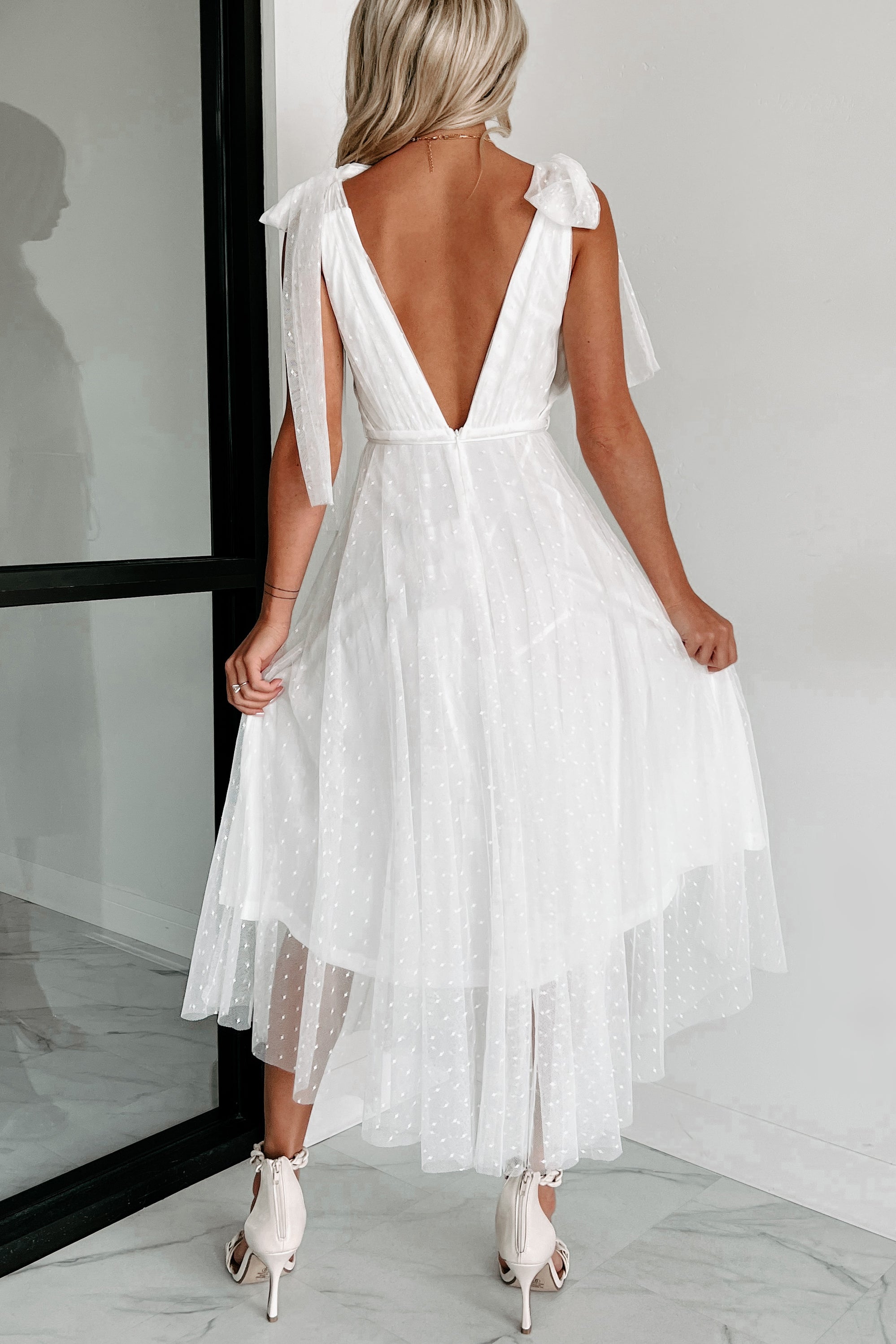 Beholder Of Beauty Swiss Dot Tie Shoulder Maxi Dress (White) - NanaMacs