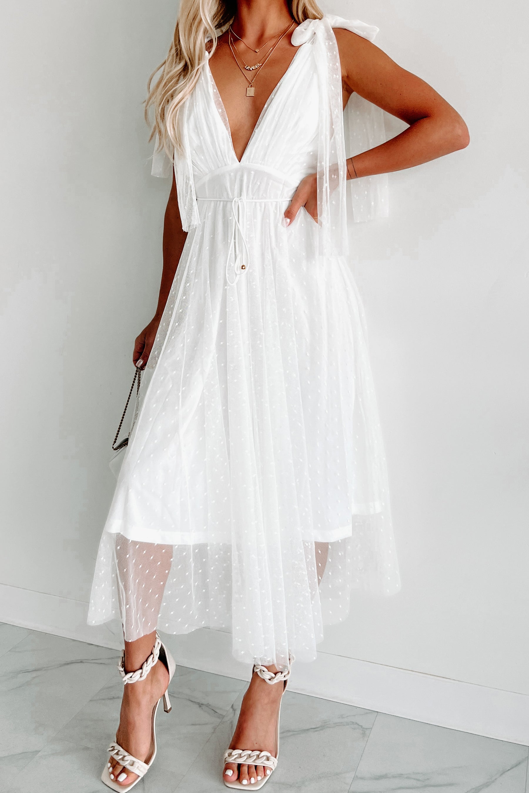 Beholder Of Beauty Swiss Dot Tie Shoulder Maxi Dress (White) - NanaMacs