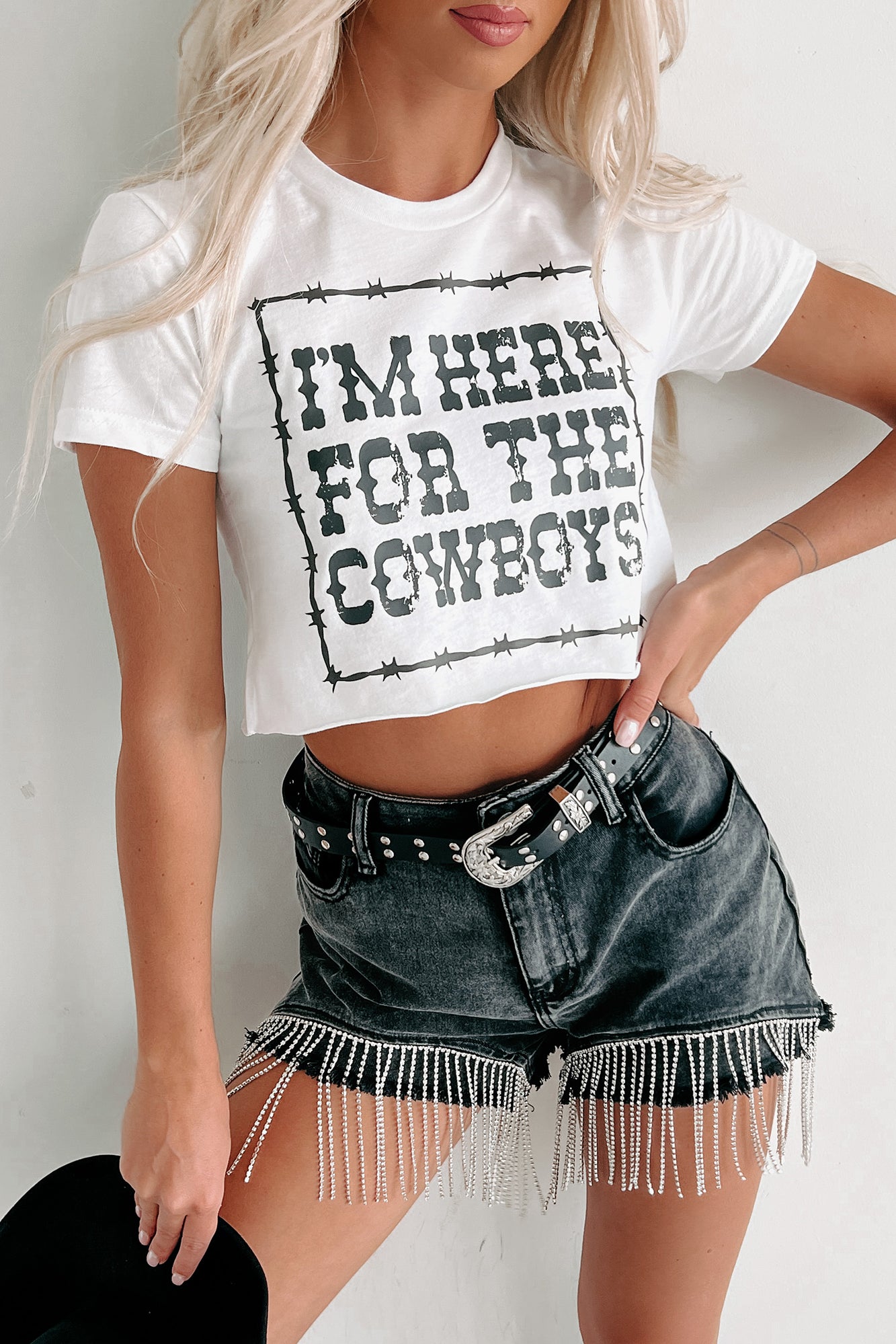 "I'm Here For The Cowboys" Raw Hem Graphic Crop Tee (White) - Print On Demand - NanaMacs