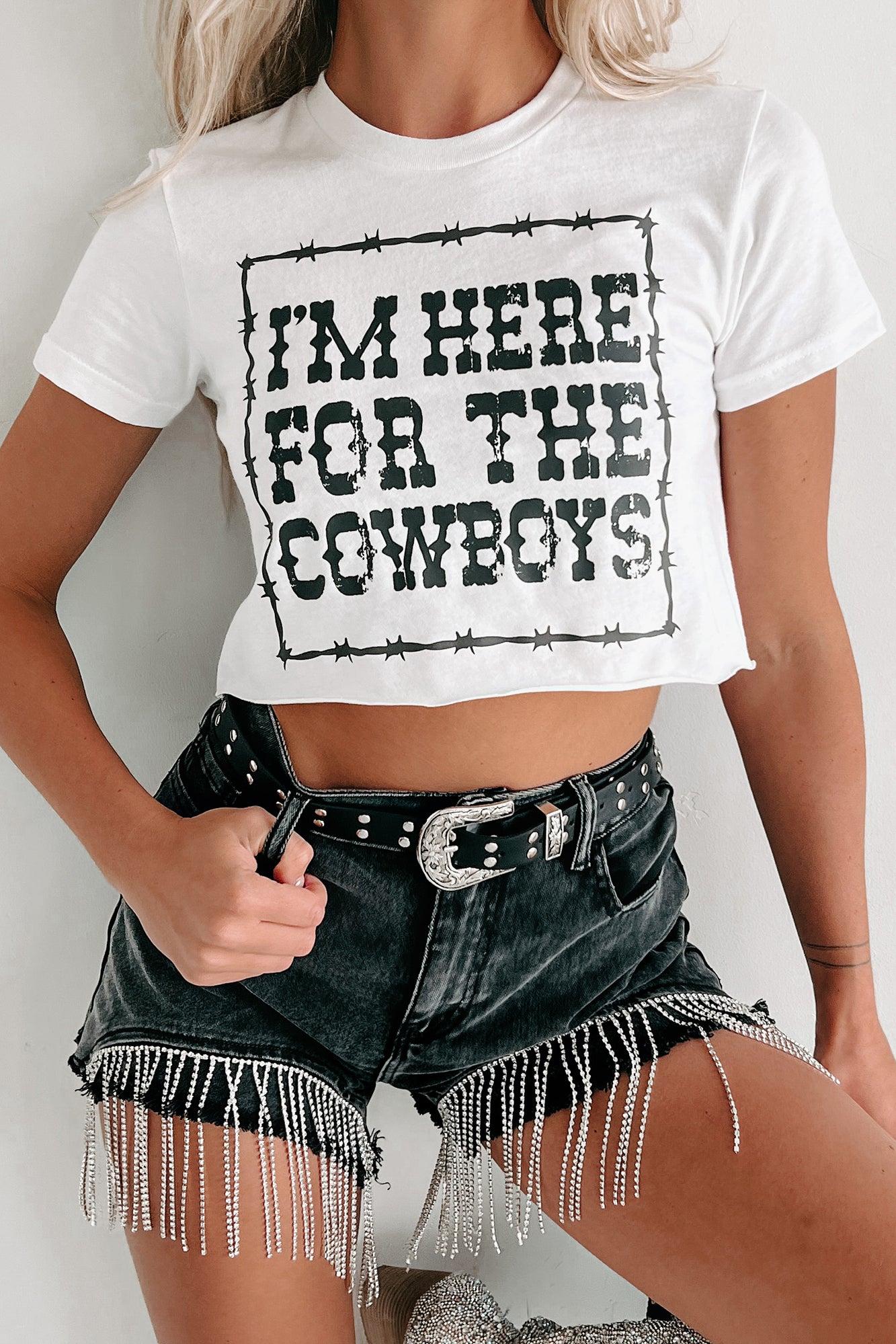 "I'm Here For The Cowboys" Raw Hem Graphic Crop Tee (White) - Print On Demand - NanaMacs