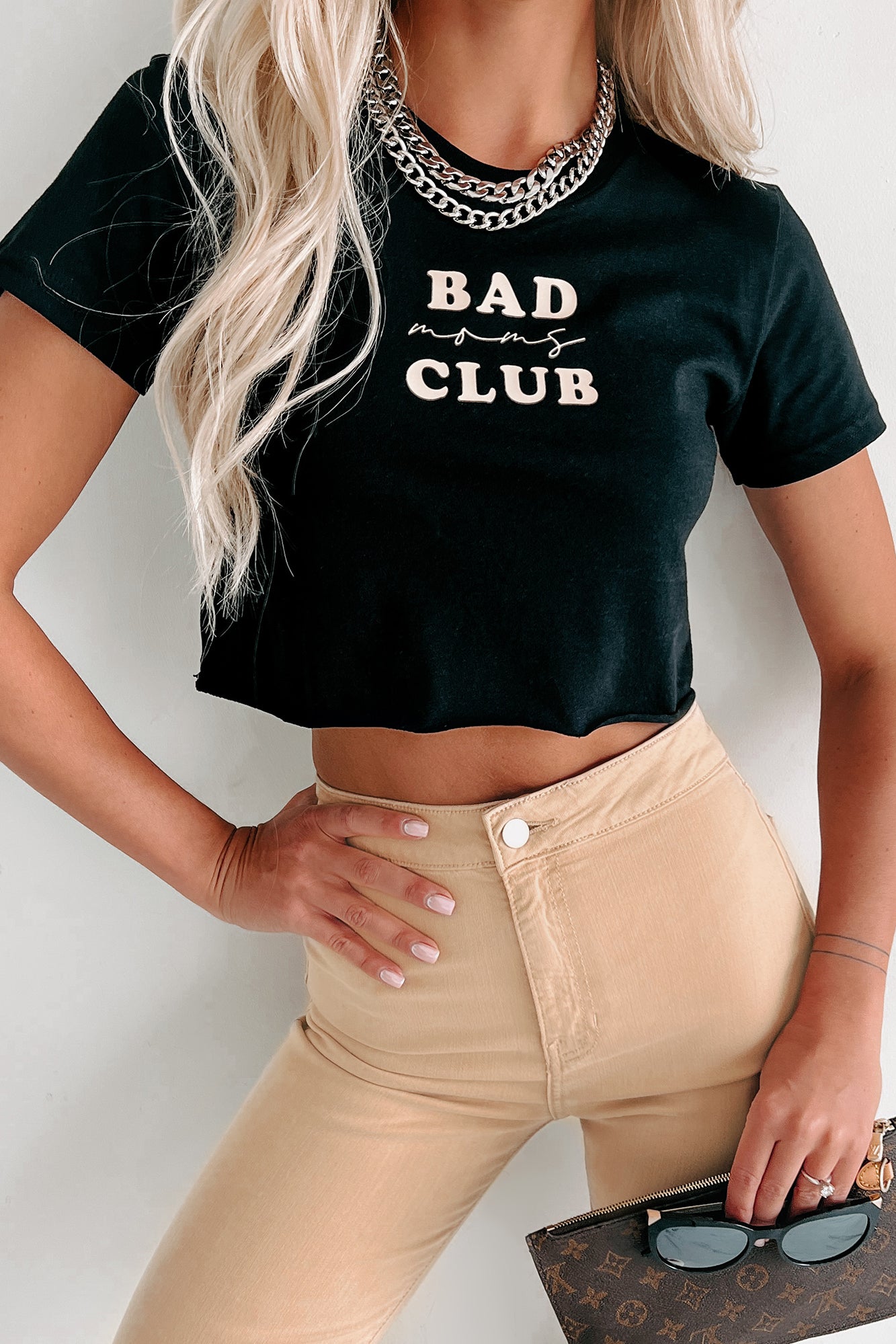 "Bad Moms Club" Raw Hem Graphic Crop Tee (Black/Beige) - Print On Demand - NanaMacs