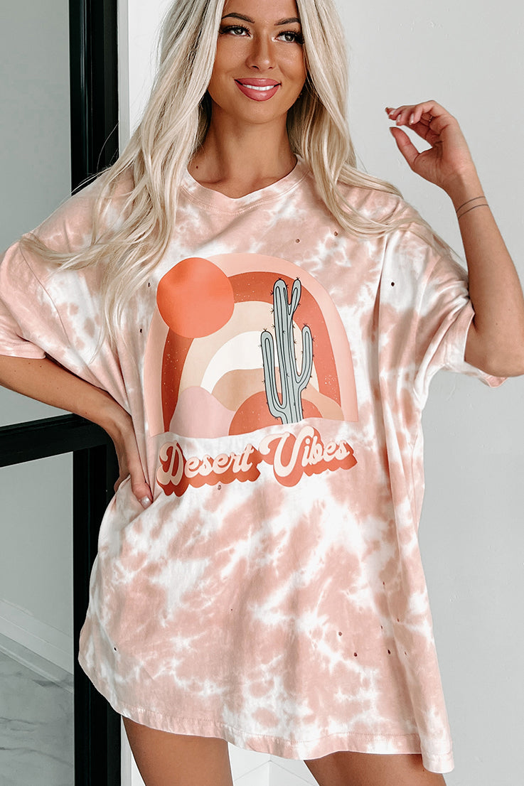 "Desert Dusk" Oversized Distressed Tie-Dye Graphic T-Shirt (Pastel Pink) - Print On Demand - NanaMacs