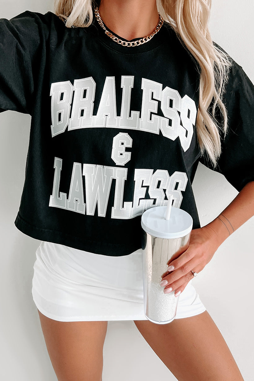 "Braless & Lawless" Oversized Crop Tee With Metallic Graphic (Black) - Print On Demand - NanaMacs