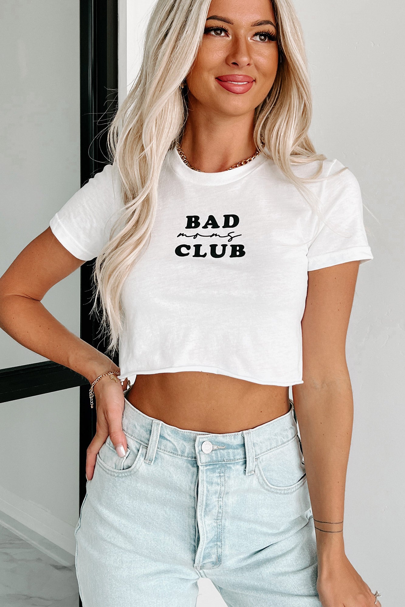 "Bad Moms Club" Raw Hem Graphic Crop Tee (White) - Print On Demand - NanaMacs