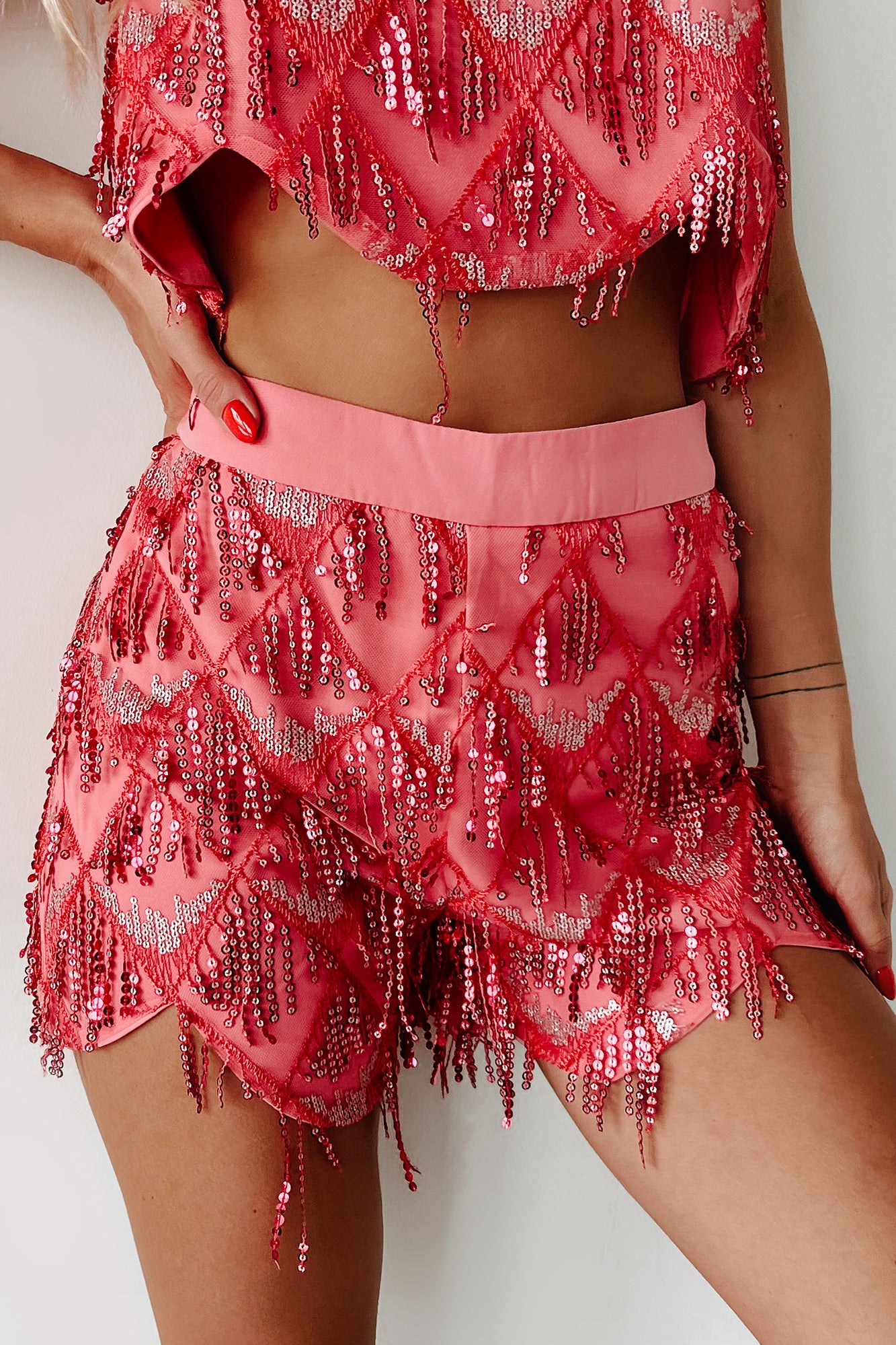 Forever Young Sequin Fringe Two-Piece Shorts Set (Pink) - NanaMacs