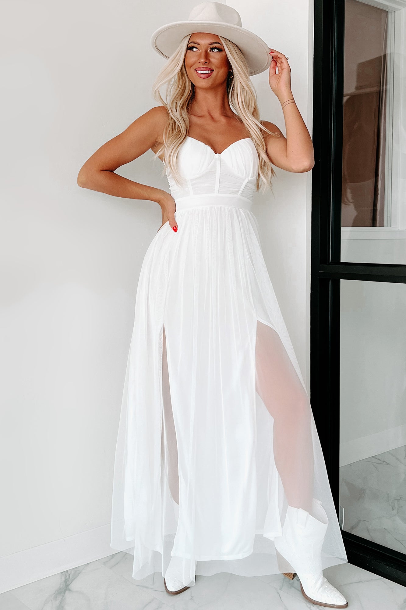Donatella Sweetheart Mesh Maxi Dress (White) - NanaMacs