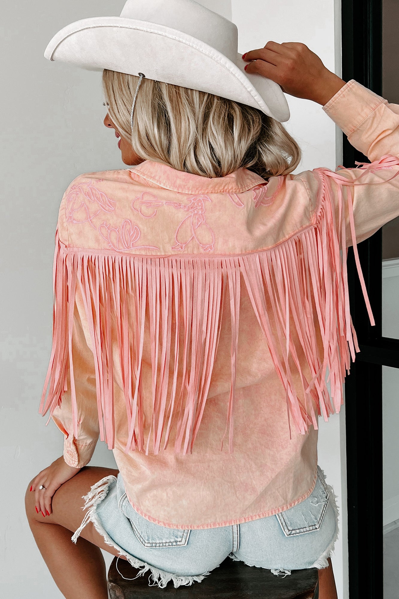 My Lucky Stars Embroidered Fringe Button-Down Shirt (Pink) - NanaMacs