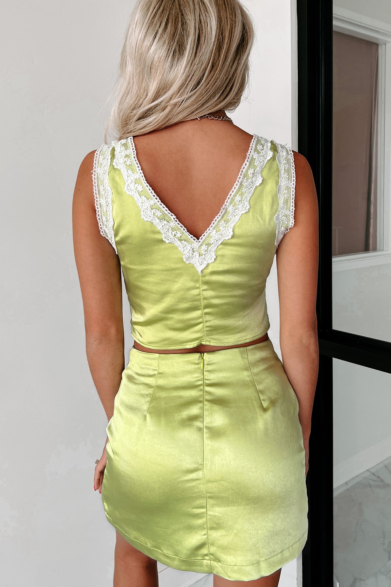 My Party Persona Satin Crop Top & Mini Skirt Set (Lime) - NanaMacs