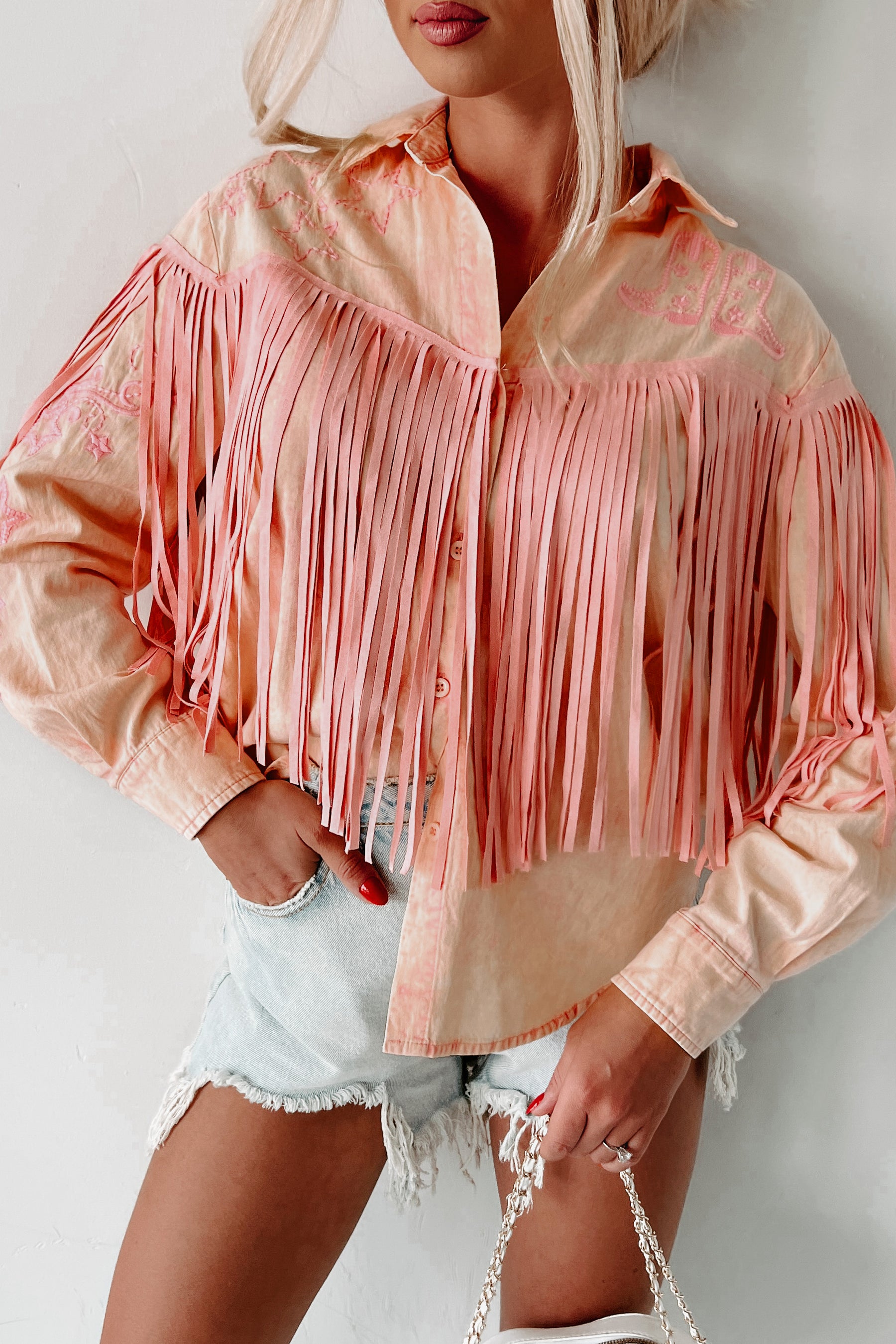 My Lucky Stars Embroidered Fringe Button-Down Shirt (Pink) - NanaMacs