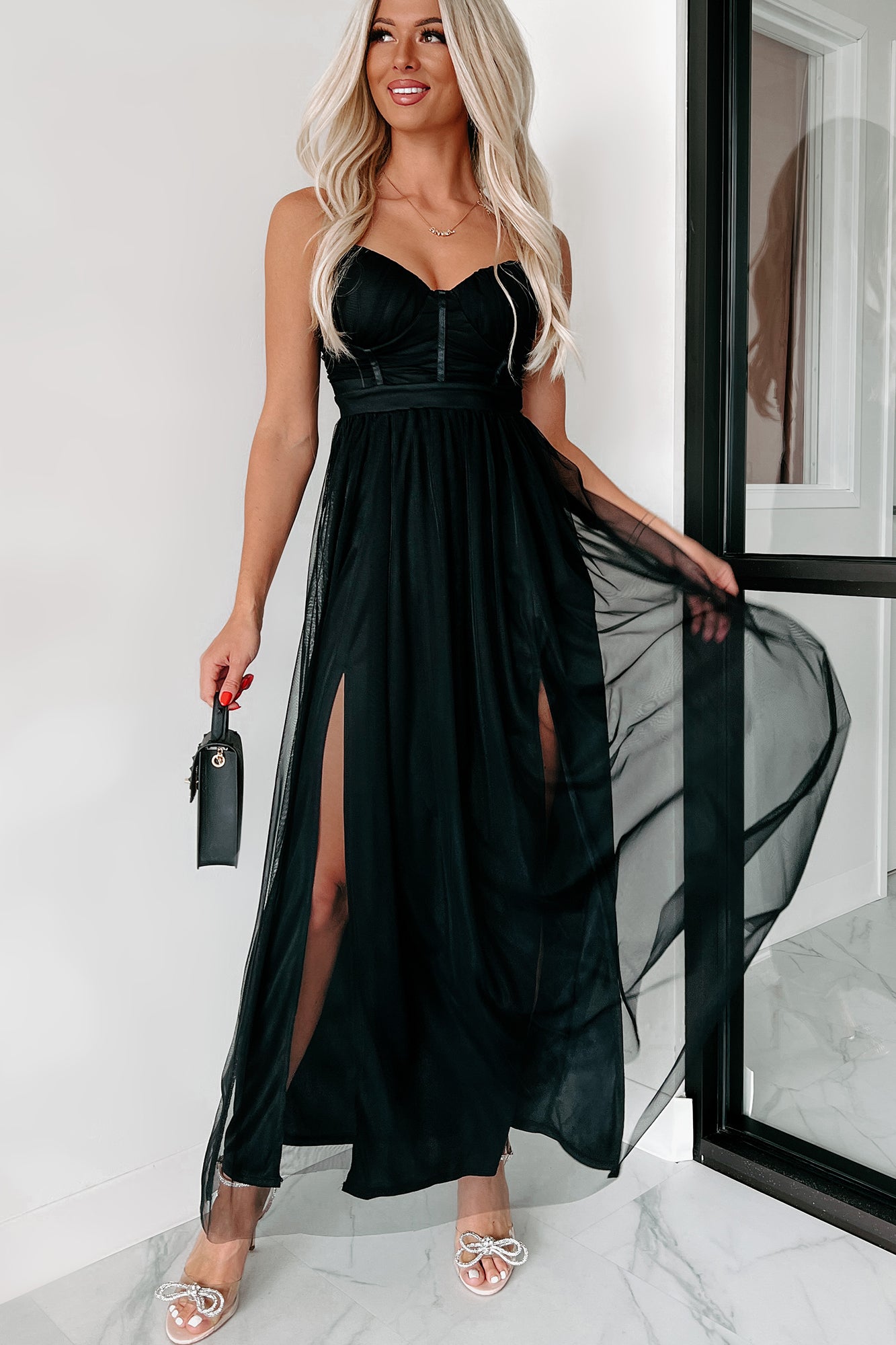 Donatella Sweetheart Mesh Maxi Dress (Black) - NanaMacs