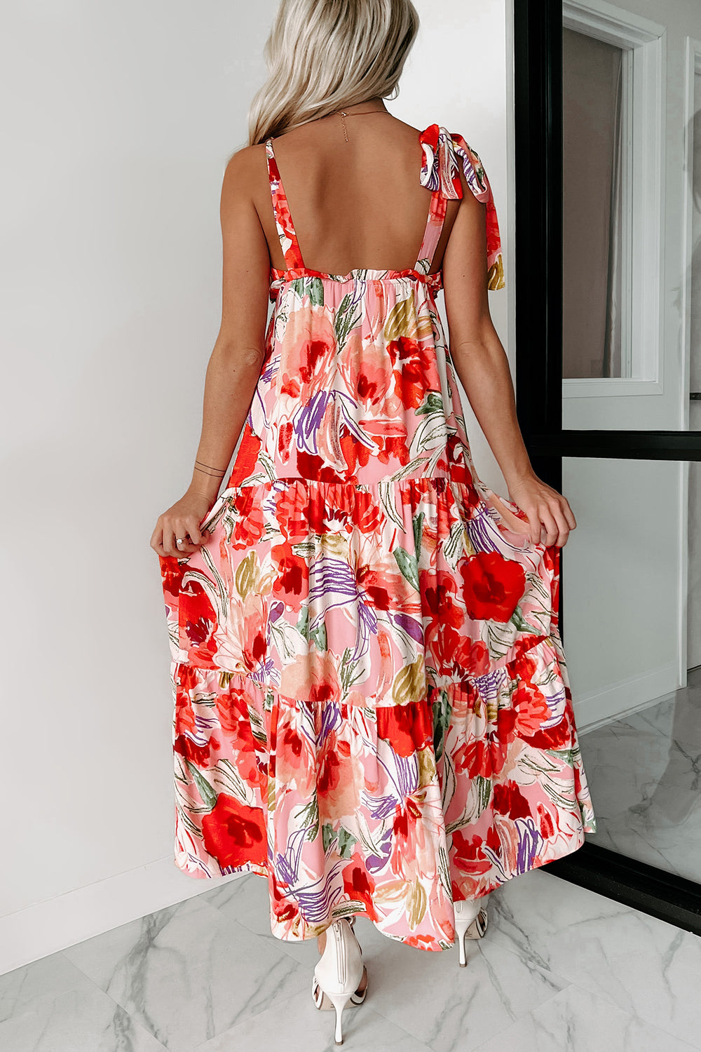 Picking Berries Floral Shoulder-Tie Maxi Dress (Coral Multi) - NanaMacs