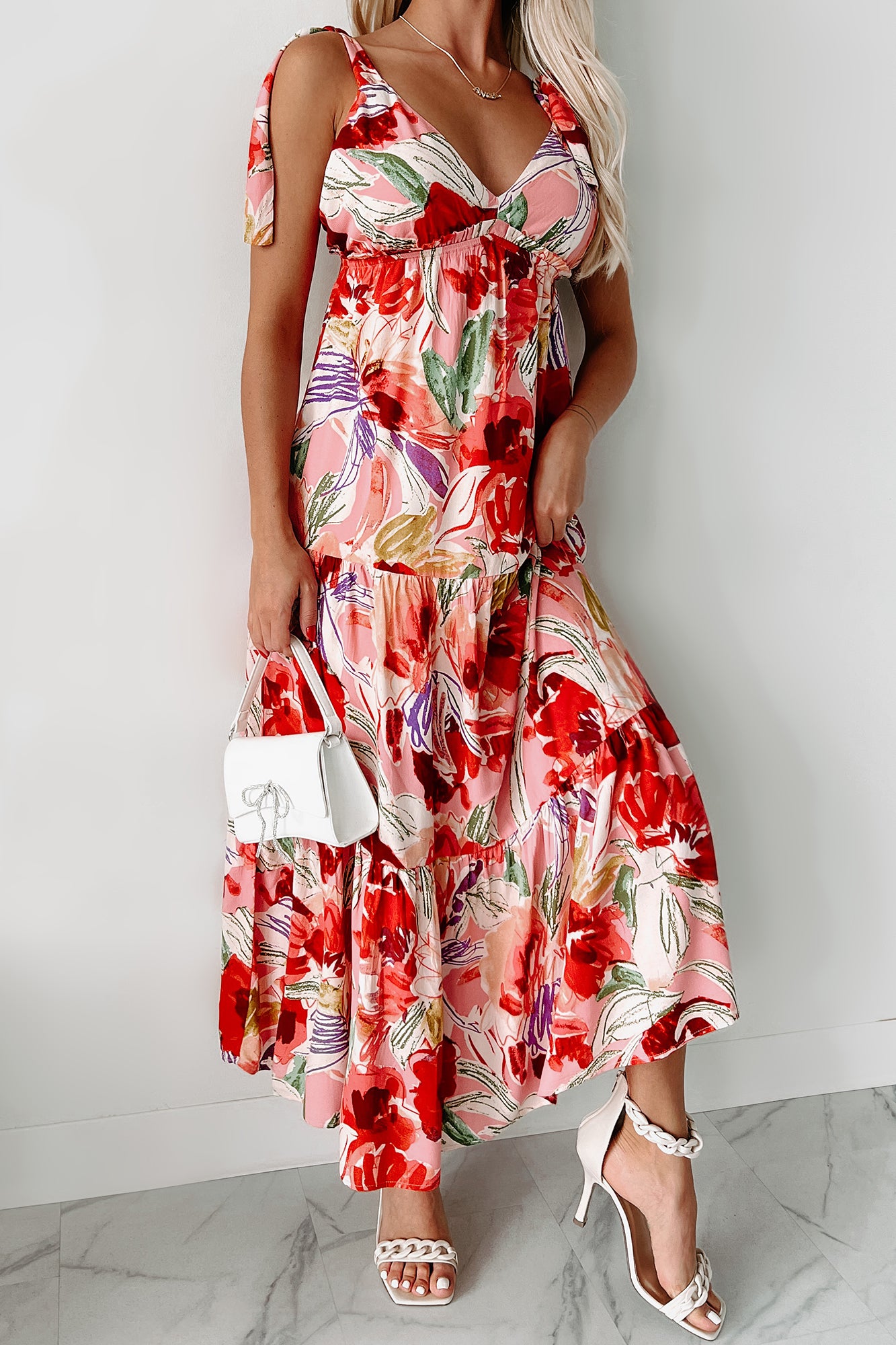 Picking Berries Floral Shoulder-Tie Maxi Dress (Coral Multi) - NanaMacs