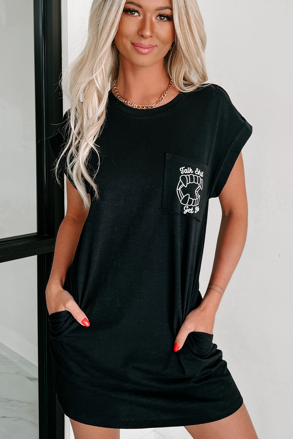 Doorbuster "Talk Shit Get Bit" Graphic T-Shirt Dress (Black) - Print On Demand - NanaMacs