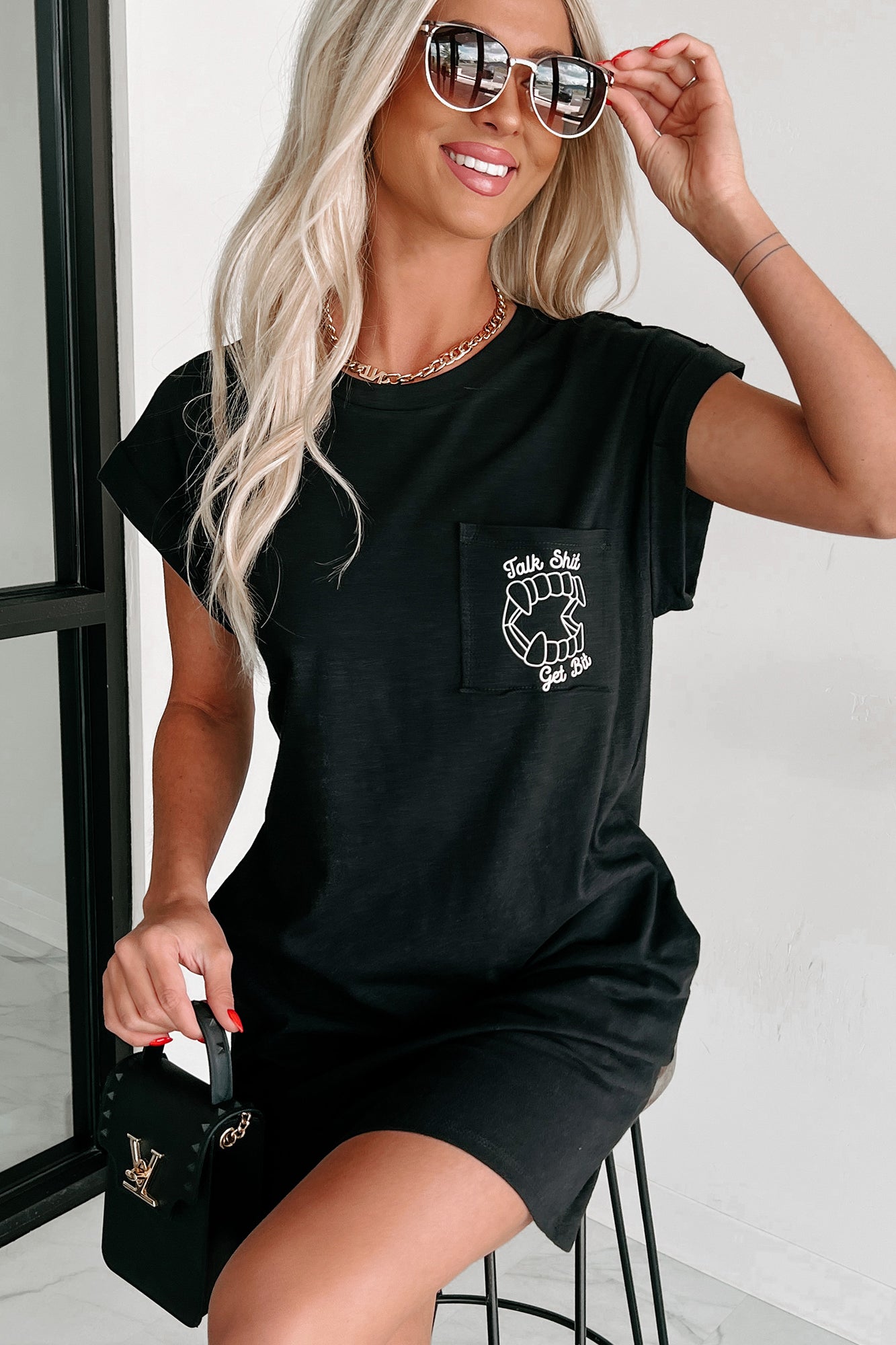 Doorbuster "Talk Shit Get Bit" Graphic T-Shirt Dress (Black) - Print On Demand - NanaMacs
