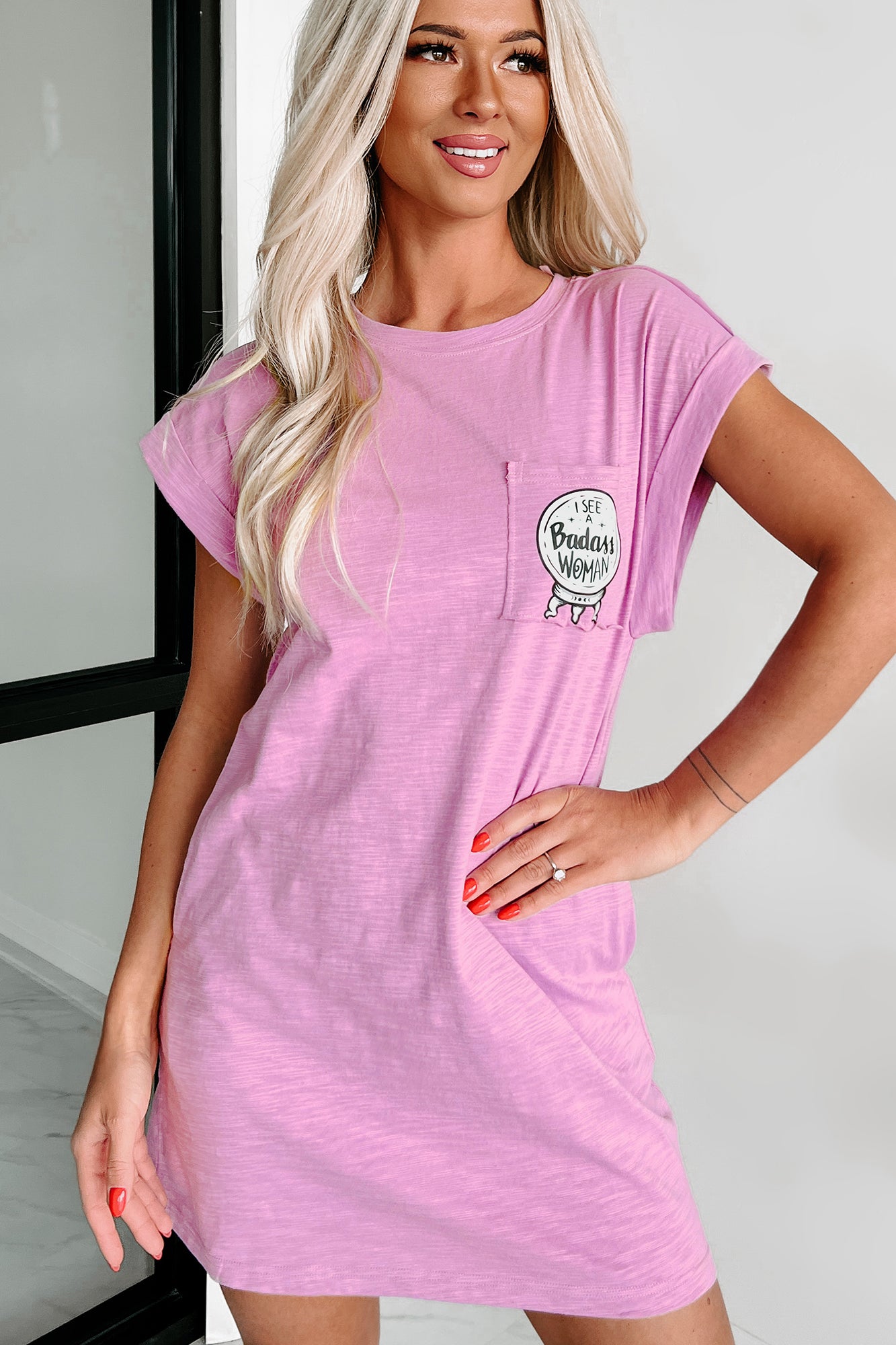 Doorbuster "Badass Woman" Graphic T-Shirt Dress (Lavender) - Print On Demand - NanaMacs